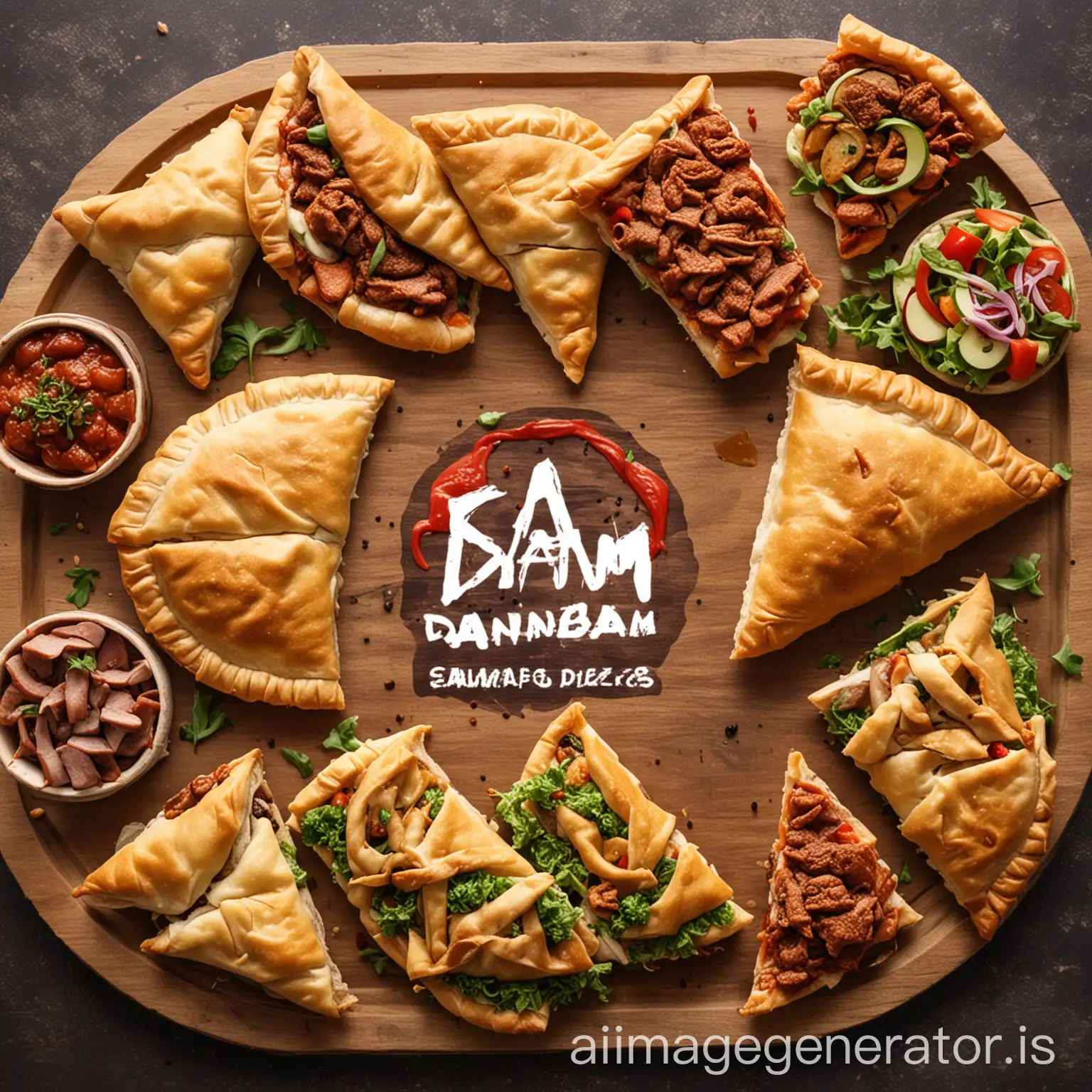 A image with DANBAM logo of Sandwiches, samosa, meat pie, pizza and chops