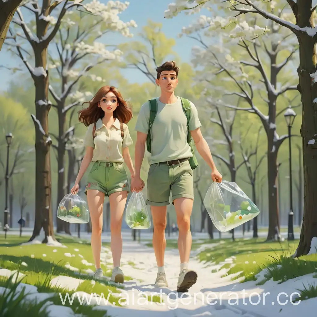 мультяшная весна, снег и зеленая трава,  мужчина с женщиной идут в шорках с прозрачной сумкой по парку