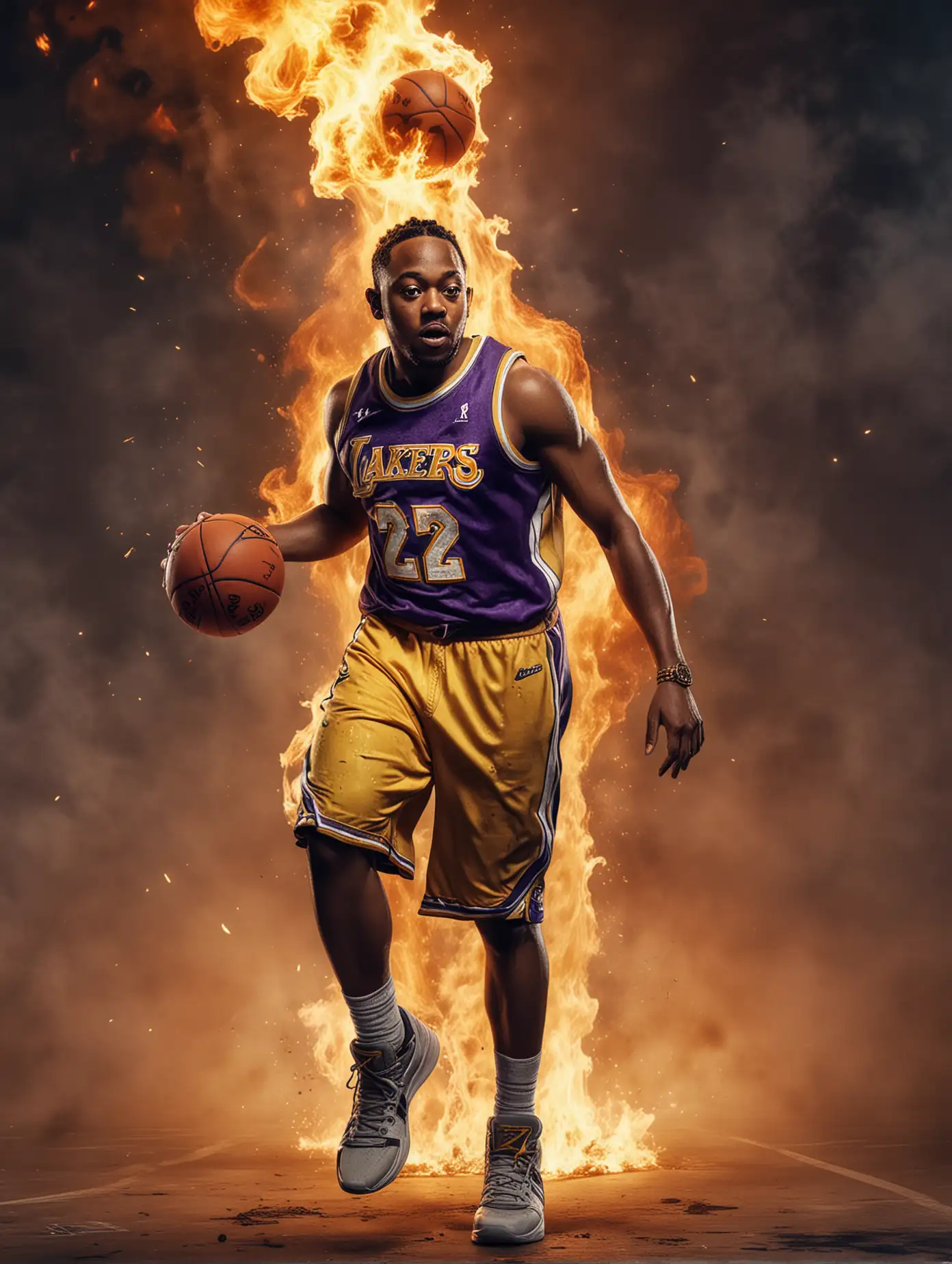 ULTRA REALISTIC high definition, picture of kendrick lamar, wearing a lakers uniform, slam dunking a basketball on fire
