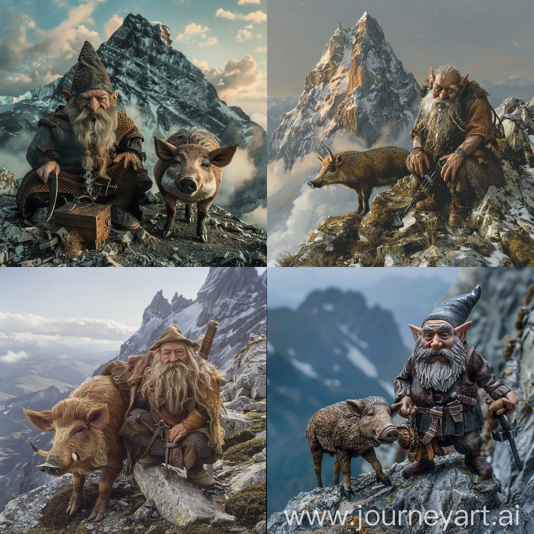 Blacksmith dwarf from the Lord of the Rings, without a hand,next to his modest boar,  on a mountain
