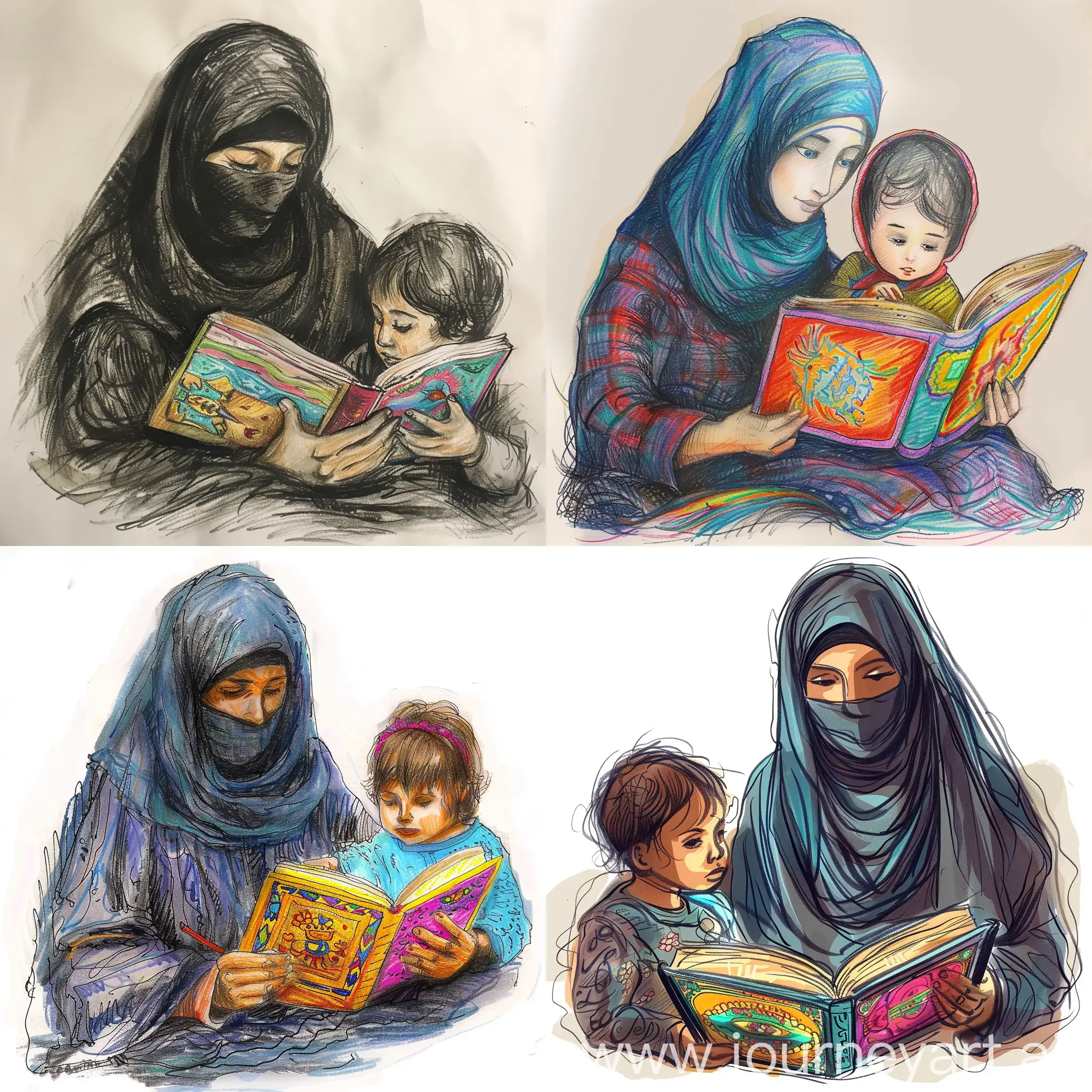 "Draw a veiled woman reading to her child from a colorful book."