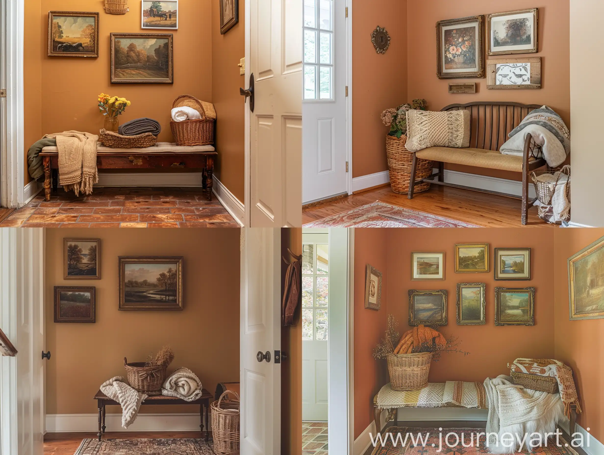 An entryway with a welcoming bench, a basket filled with blankets, and a collection of vintage artwork. The walls are painted in a warm, inviting hue.
