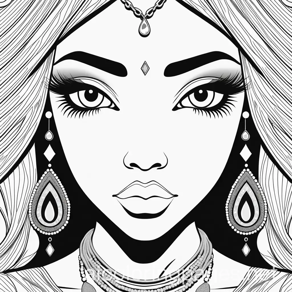 hyper realistic image of african american betty boops with huge eyes, long hair with baby hairs, full lips, long exaggerated eyelashes, diamond chain and earrings, posing for a picture, Coloring Page, black and white, line art, white background, Simplicity, Ample White Space. The background of the coloring page is plain white to make it easy for young children to color within the lines. The outlines of all the subjects are easy to distinguish, making it simple for kids to color without too much difficulty