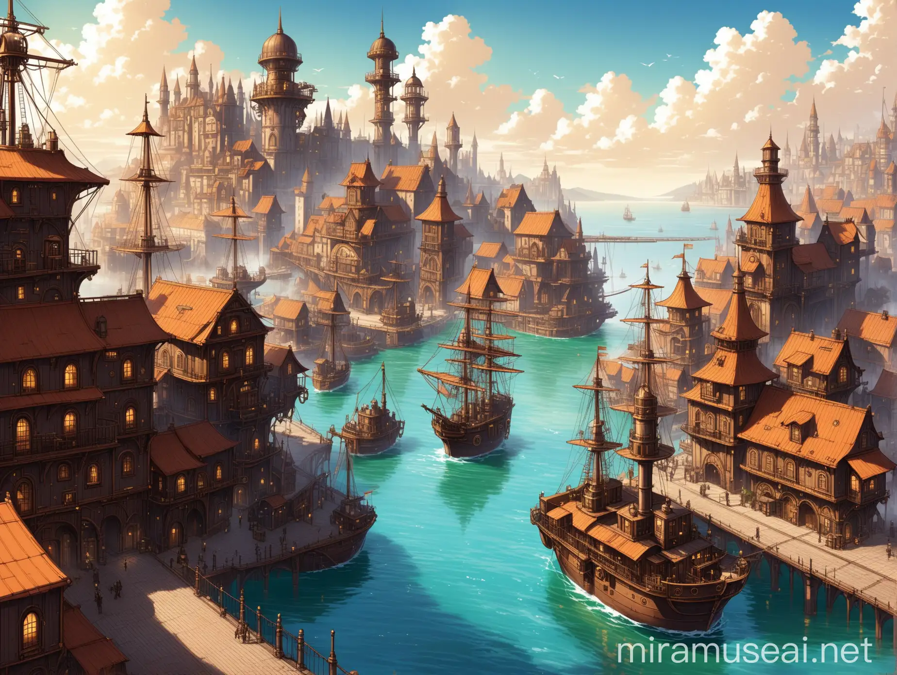 Steampunk Port City Fantasy Scene with Airships and Clockwork Contraptions