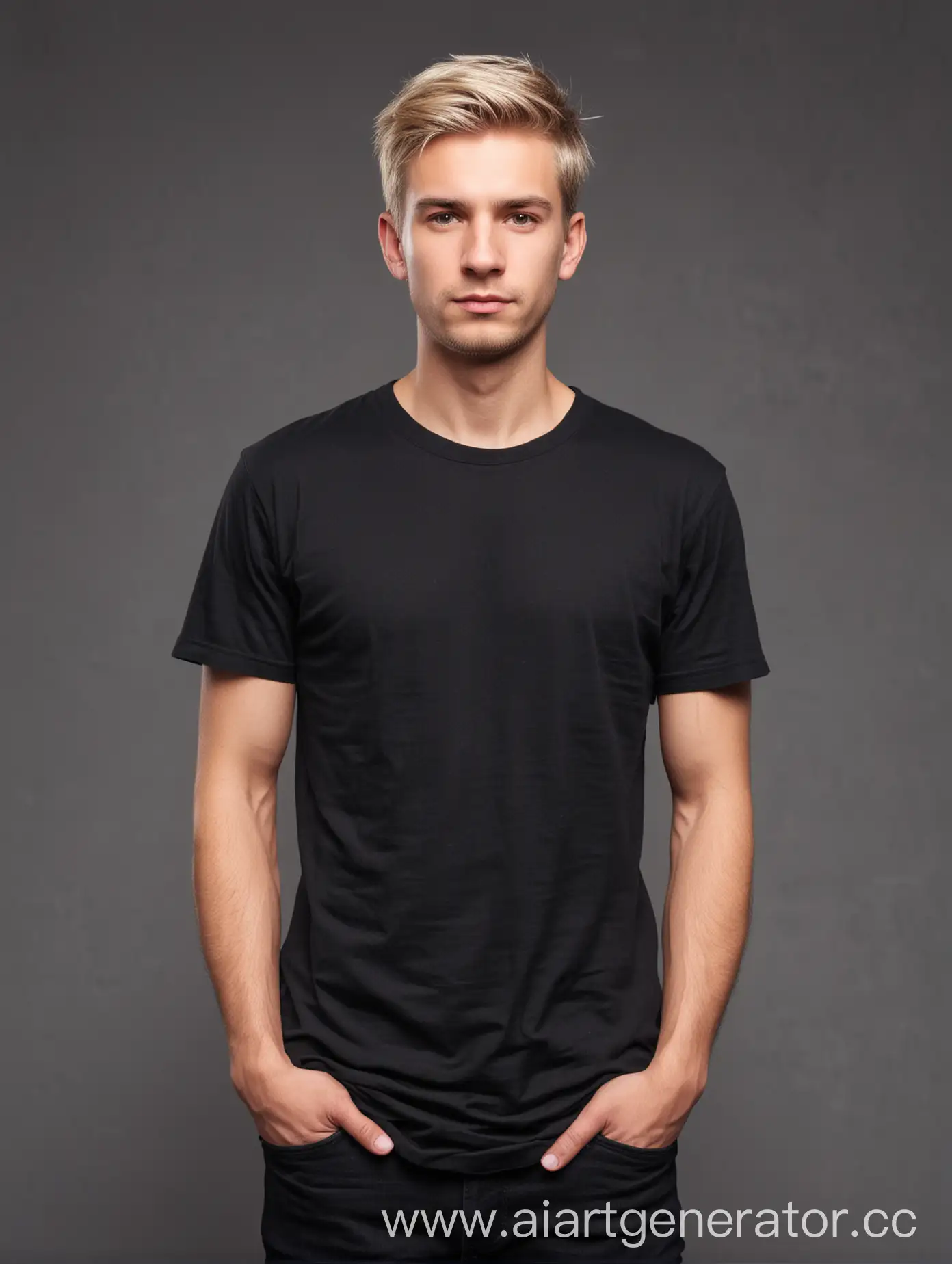 Мужчина в чёрной футболке —>мужчина с светлыми волосами среднего телосложения 25 лет стоит в чёрной футболке на сером фоне по пояс