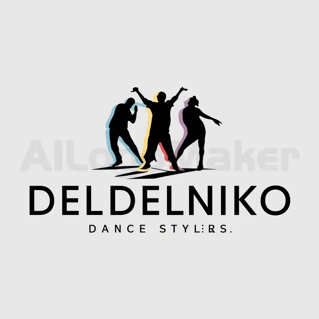 a logo design,with the text "DELdelNiko", main symbol:Shadows of people dancing superimposed, they are 3 people dancing 3 styles of dance: hiphop, dancehall and house. The shadows have different colors.n,Minimalistic,be used in danza industry,clear background