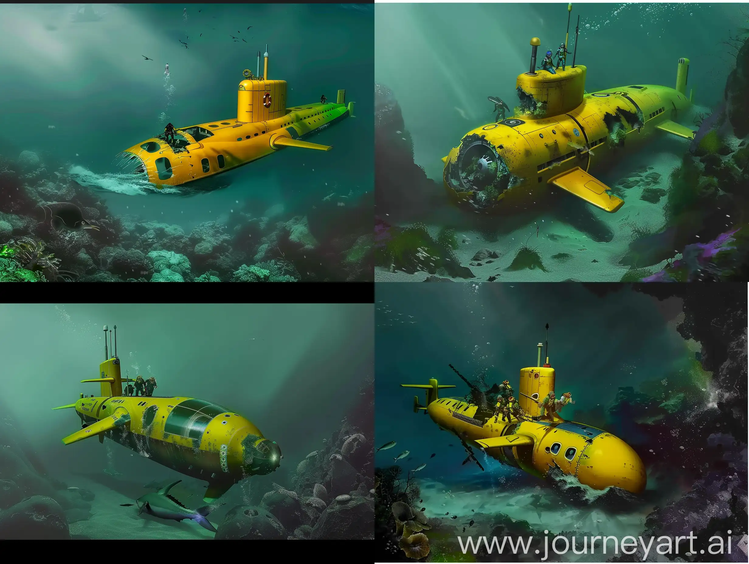 Yellow submarine crashes on the seabed, crew flees, photorealism