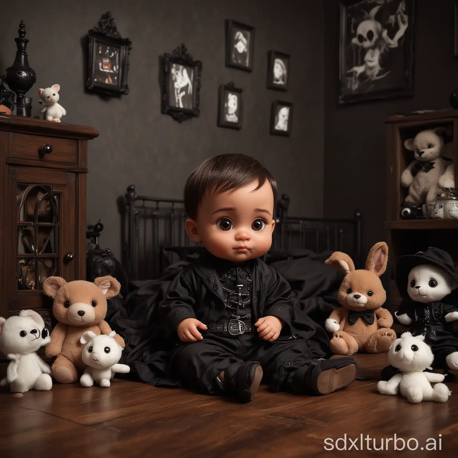 Super Cute, adorable, lighter skinned black, brown, little baby boy, toddler, big brown eyes, gothic clothes, playing, siting on the floor in gothic baby room, dark decor, spooky, Pixar, The Addams Family, Halloween, chibi, ultra realistic, shoes on feet, one small stuffed bunny in one hand