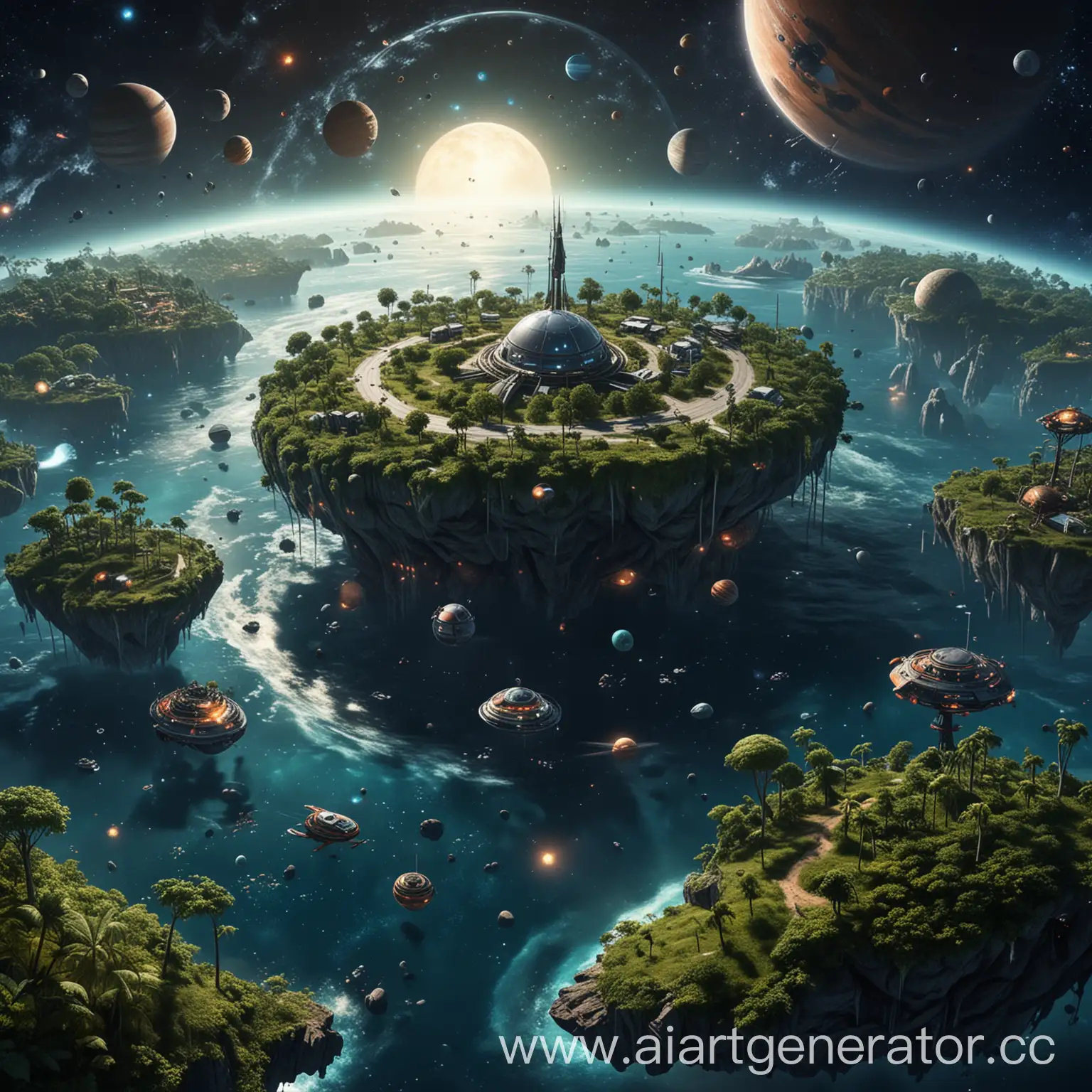 An island in space, a small town on an island, around   trees, there are many planets and spaceships around, and many stars around