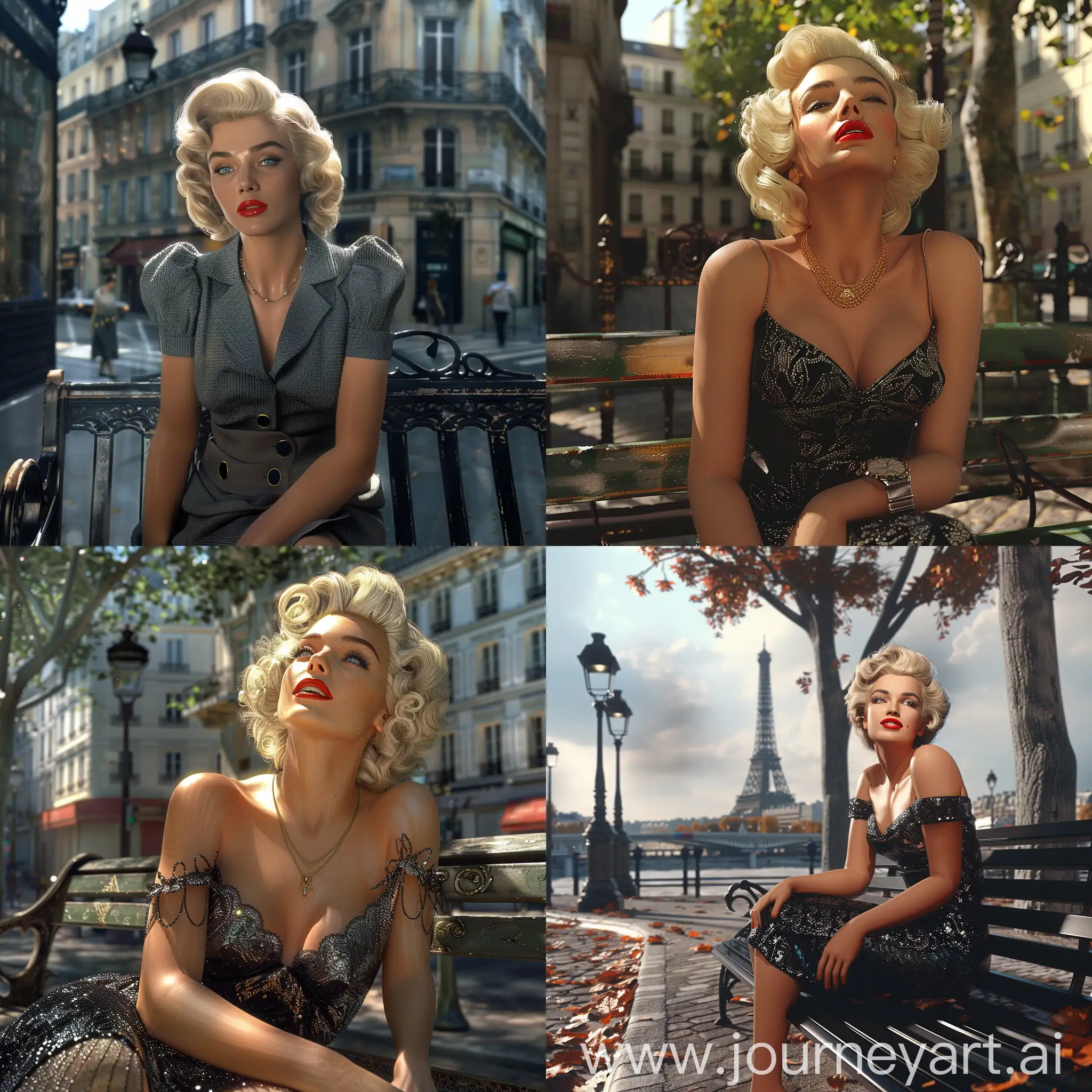 Marilyn Monroe on a Parisian bench, photorealistic, detailed, 8k