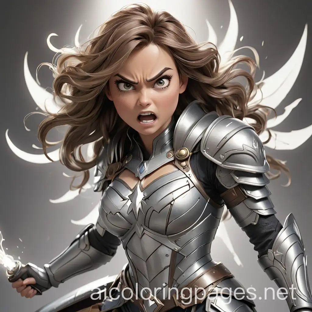 A very angry beautiful female superhero wearing beautiful armor, getting her light-related powers ready to battle an enemy, Coloring Page, black and white, line art, white background, Simplicity, Ample White Space.