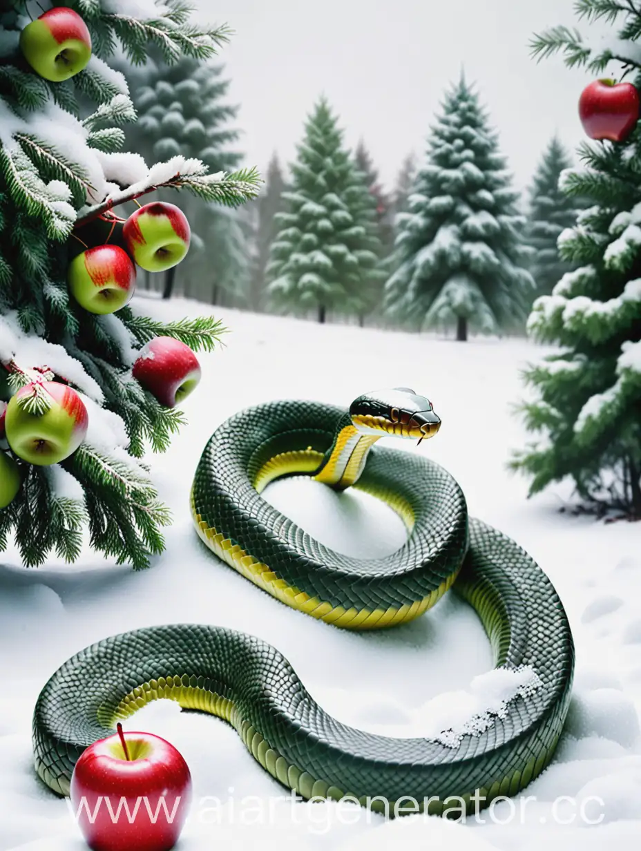Змея зелёная в снегу с красными яблоками, змея добрая, новый год, ёлки