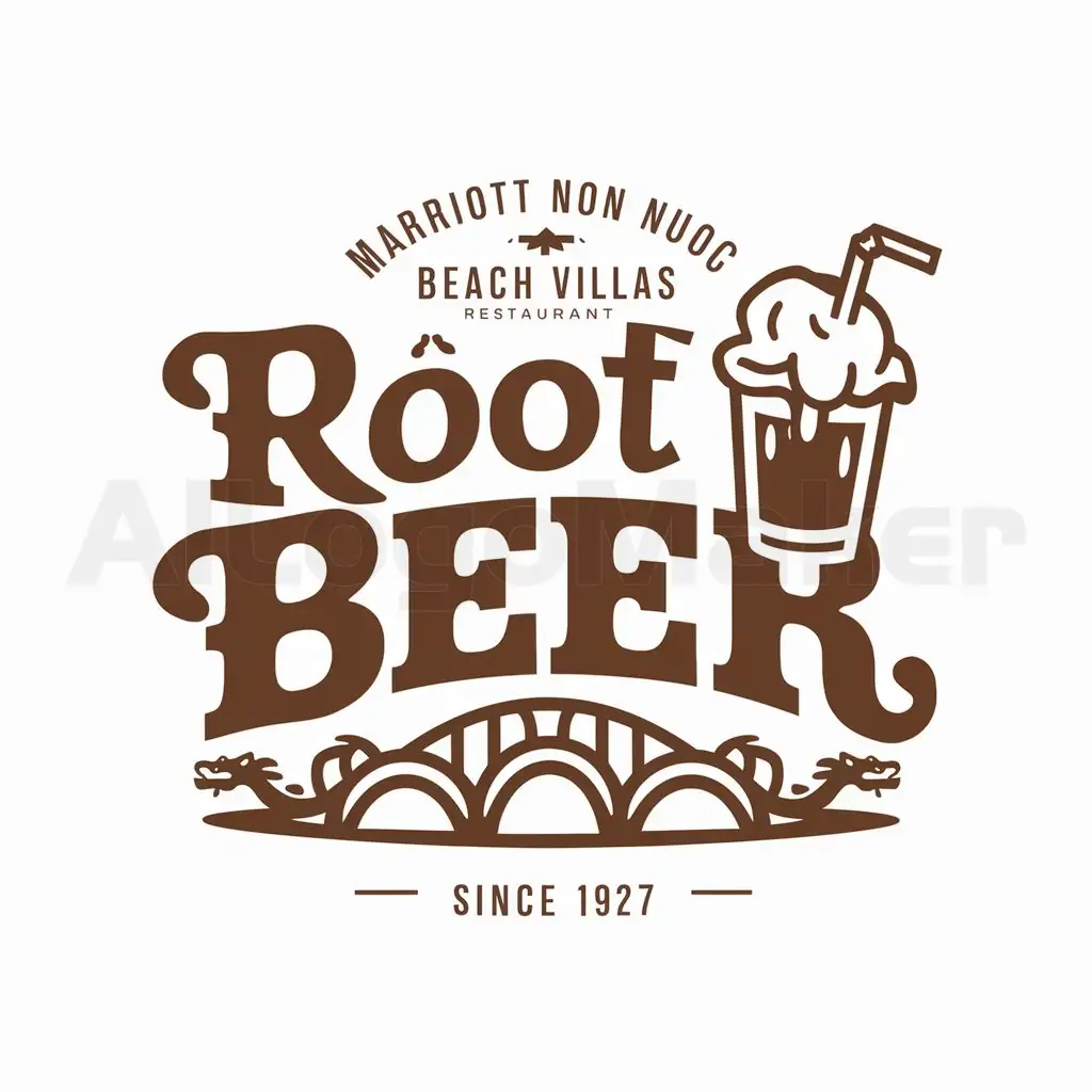 a logo design,with the text "Marriott 
 Non Nuoc Beach Villas 
 Root beer since 1927", main symbol:Root beer float cup with the sponge, having a dragon bridge in Da Nang for decoration, and a straw,Moderate,be used in Restaurant industry,clear background