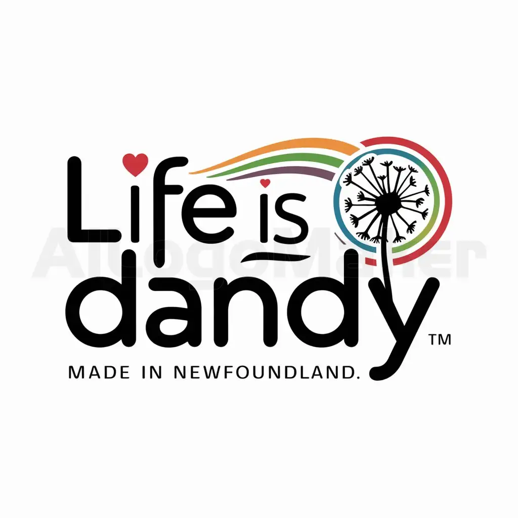 a logo design,with the text "LIFE IS DANDY,nMADE IN NEWFOUNDLAND", main symbol:Dandelion, Heart, rainbow,complex,be used in Others industry,clear background