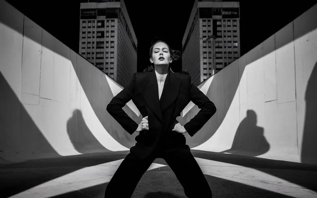 A black and white photograph of Woman, in the style of street photography, with light projections casting bold shadows. The contrast between her dark attire and the stark background creates a striking visual impact. Her pose is dynamic yet confident, embodying strength amid simplicity, buildings, wide angle