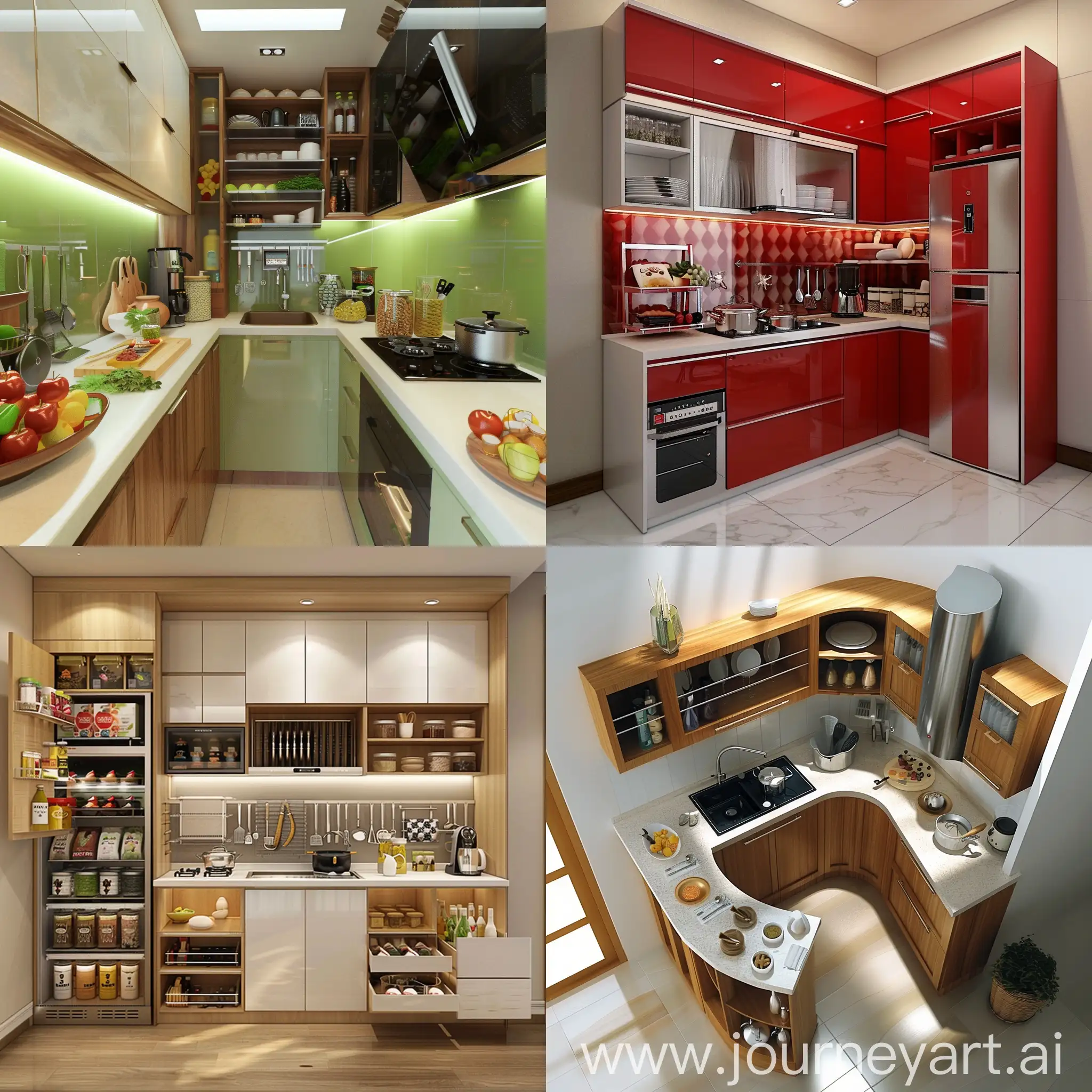 Design a kitchen for the area of 4.5m X 3.5m. The kitchen should be easy to operate and store several items such as snacks and utensils