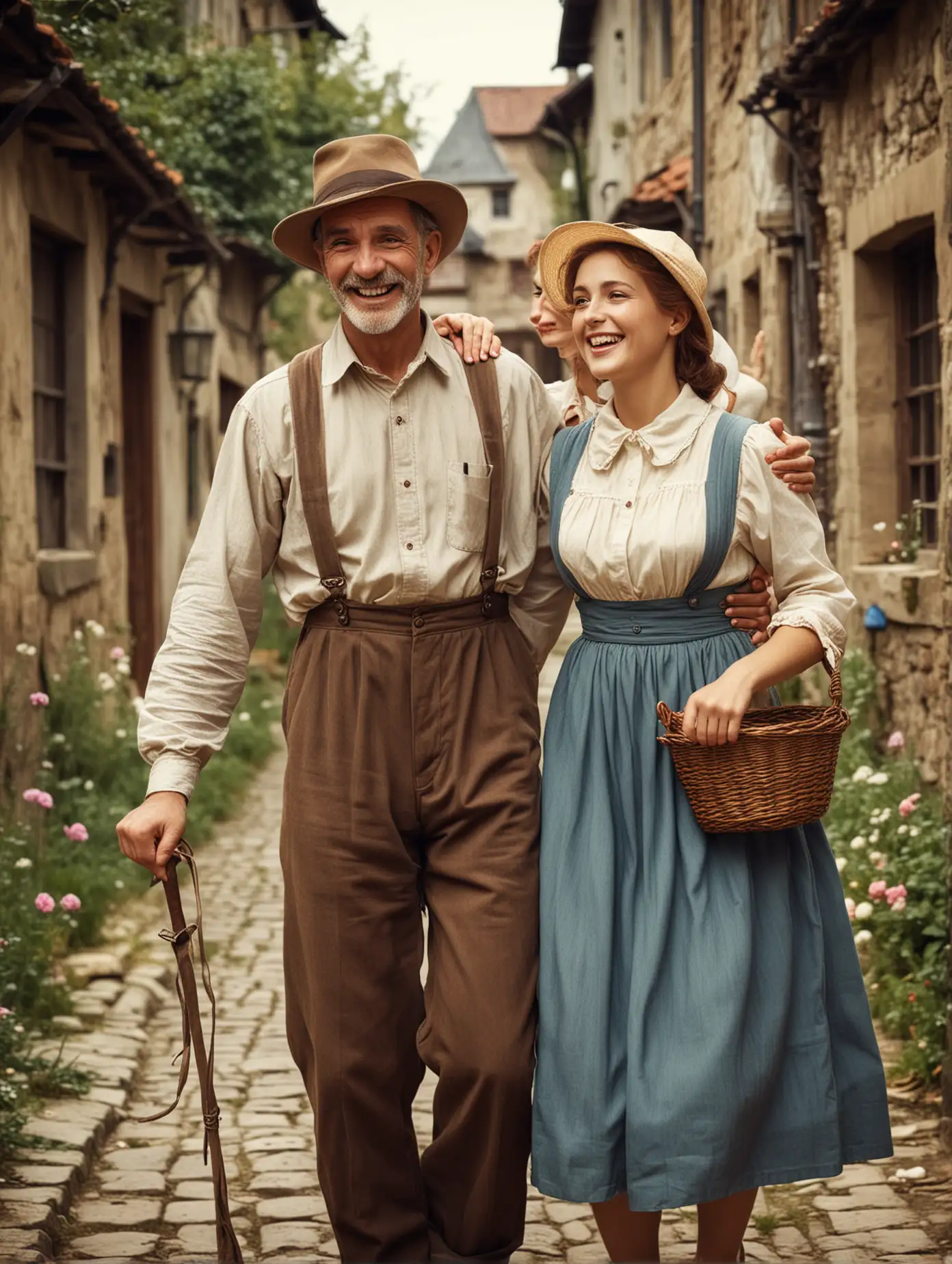 Joyful Men and Women Embracing Life in Historical Era