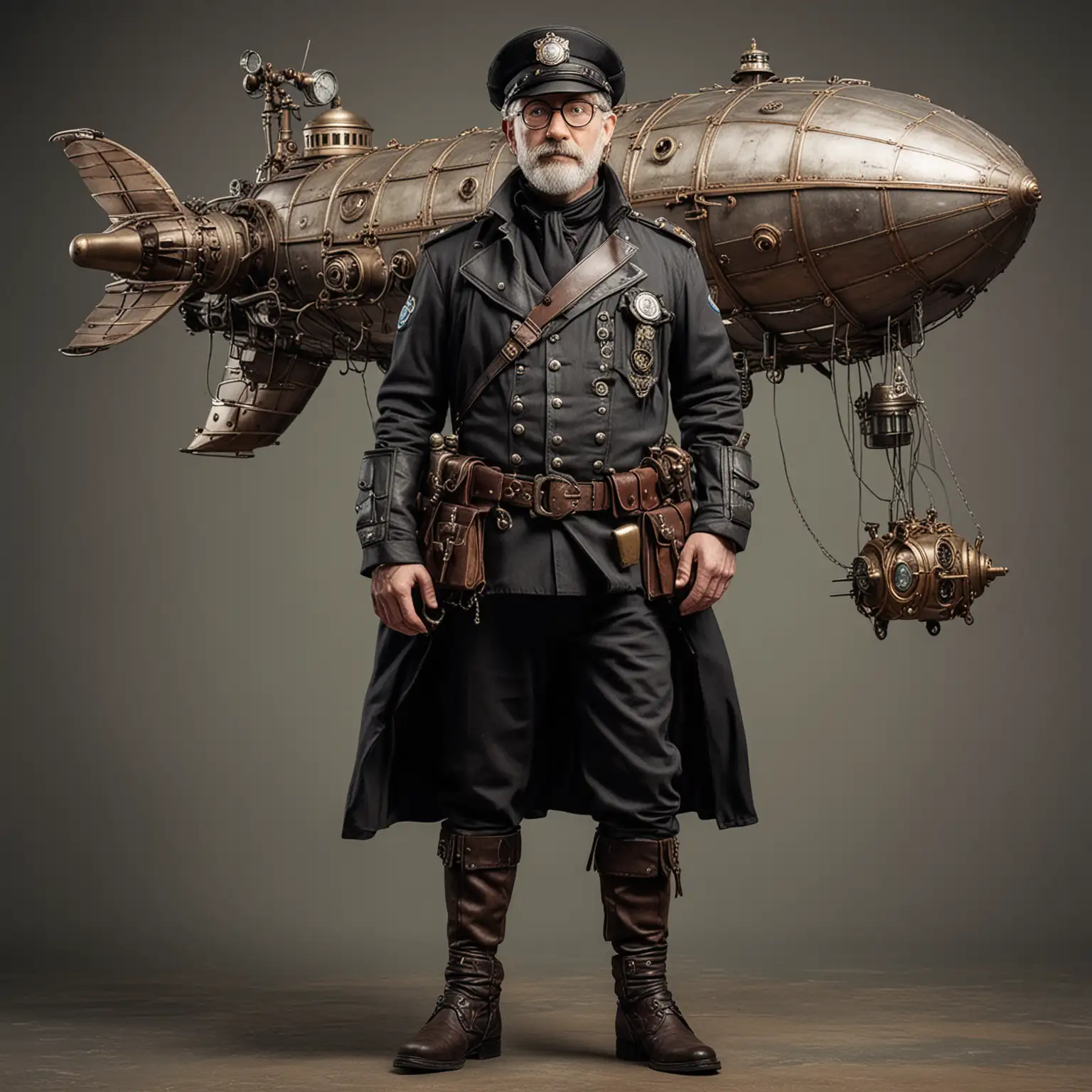 Full body photo of a Steampunk airship police man, 50 years old with grey hair and glasses.