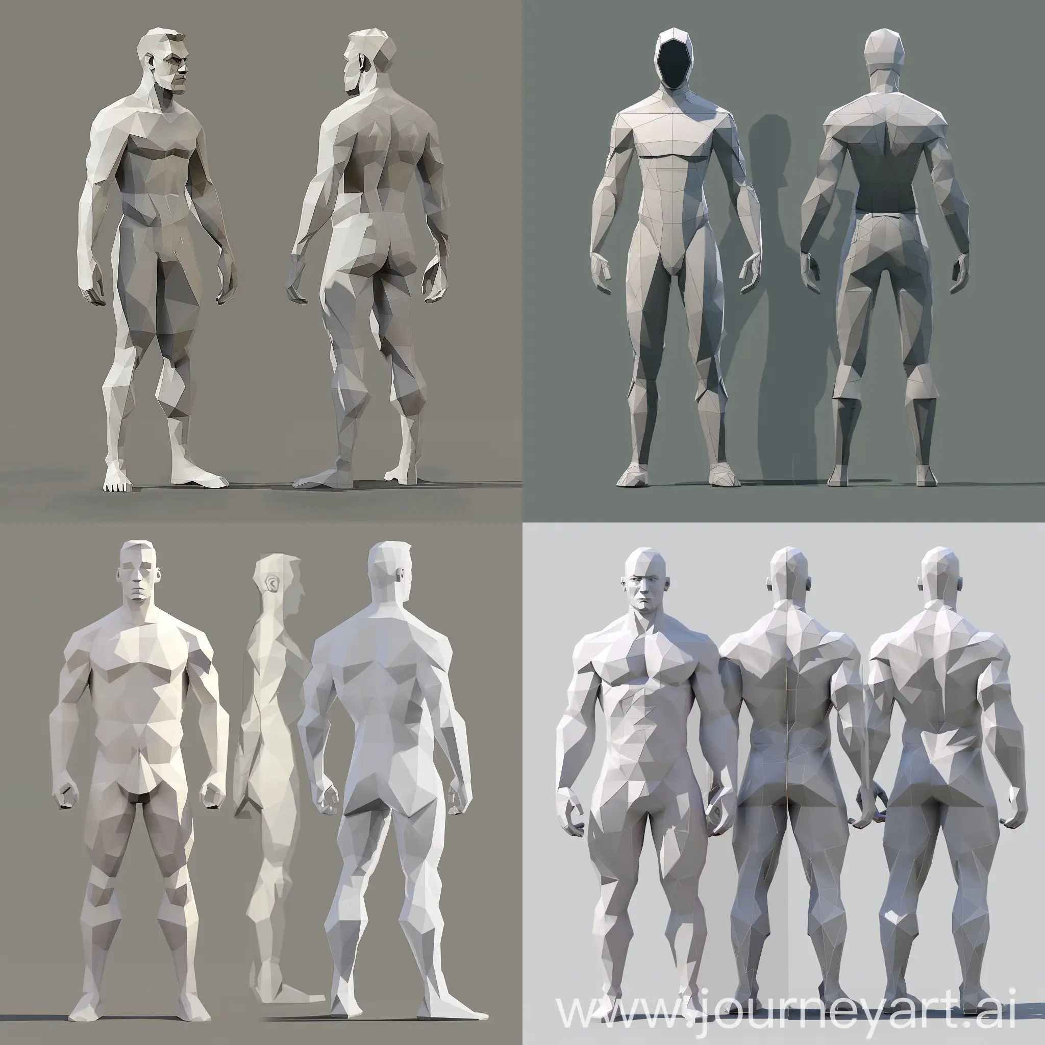 low poly character blender reference front and side full body. Please note that the front side and exactly the right side (I want to use a mirror in the centre) both sides have equal image sizes and are one image with polylines, no light effect no colour, and no shadow.