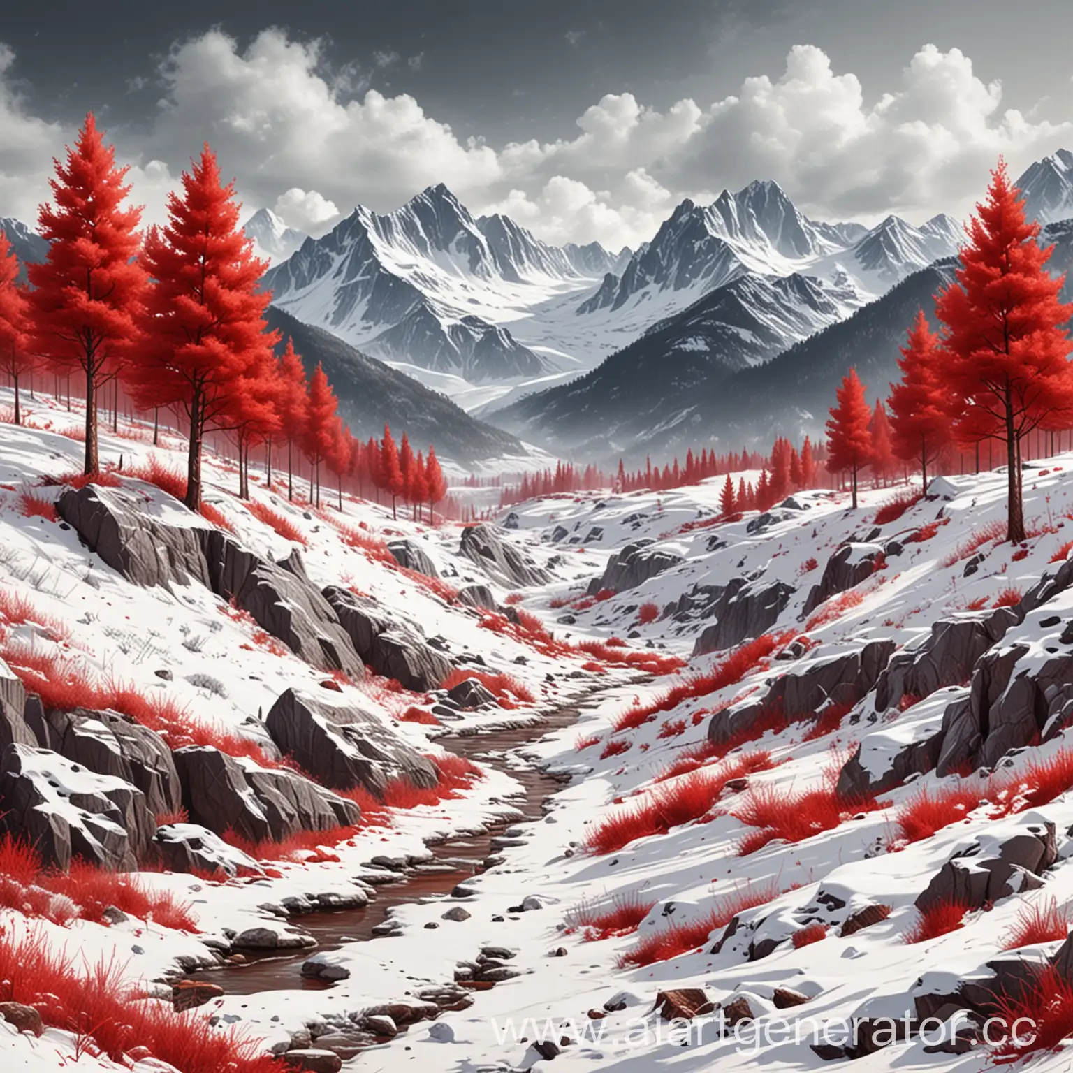 горная местность красные деревья снег концепт рисунок 
