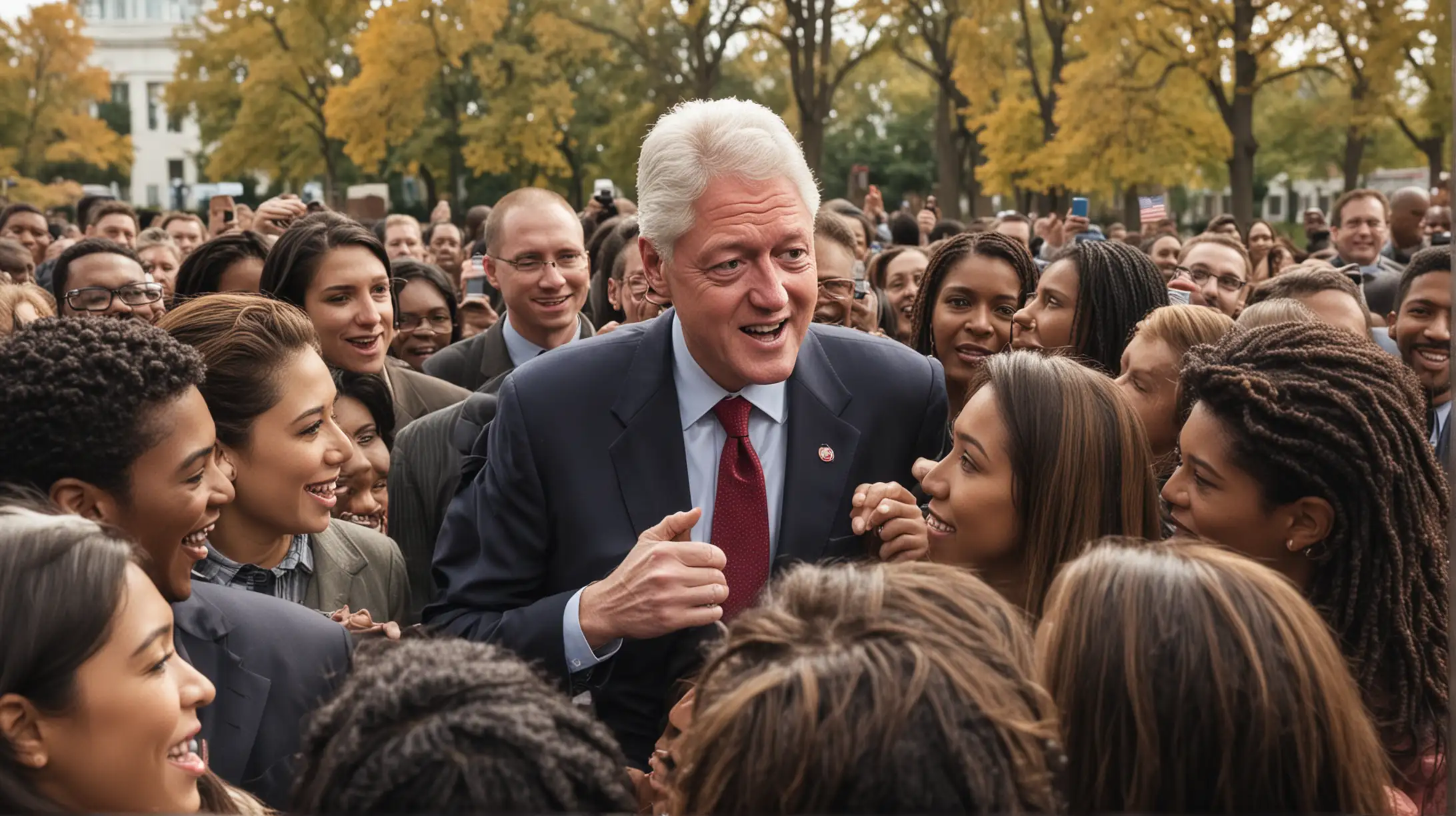 An image of Bill Clinton interacting with a diverse group of people,  engaging in conversation, with a warm and approachable demeanor, symbolizing his reputation as "The People's President" for his ability to connect with ordinary citizens.