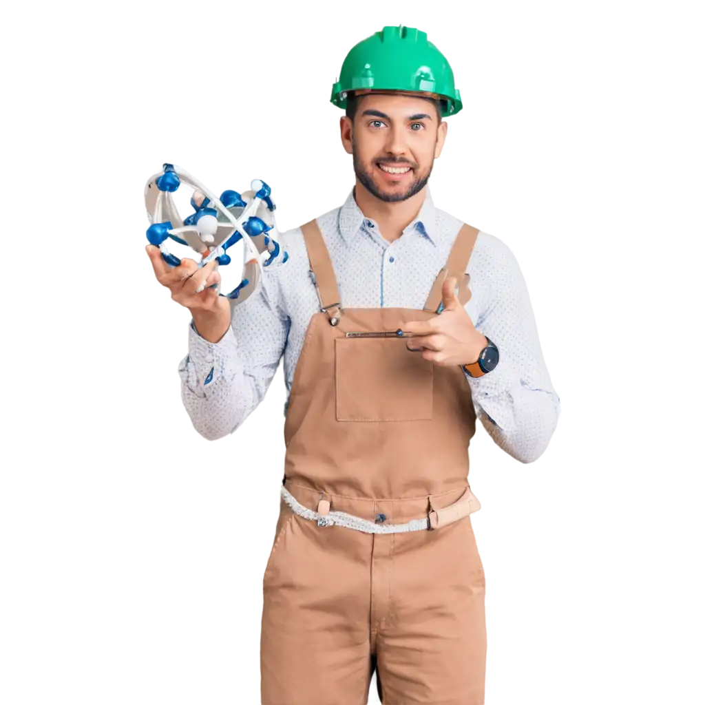 A young man in white overalls with a green helmet holds a model of an atom in his hands