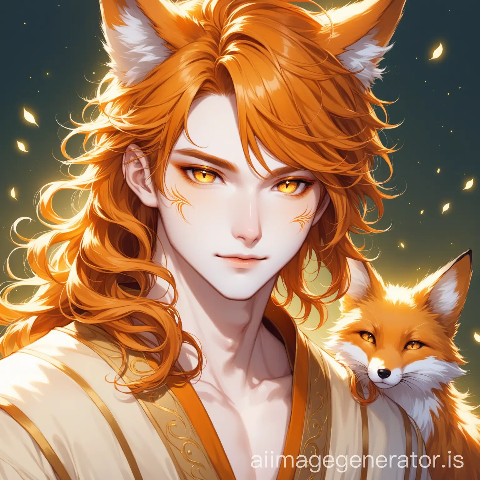 Fox demi-human, ethereal, beautiful, pale skin, striking golden eyes, golden whiskers on cheeks, male, curly orange hair, fox ears.