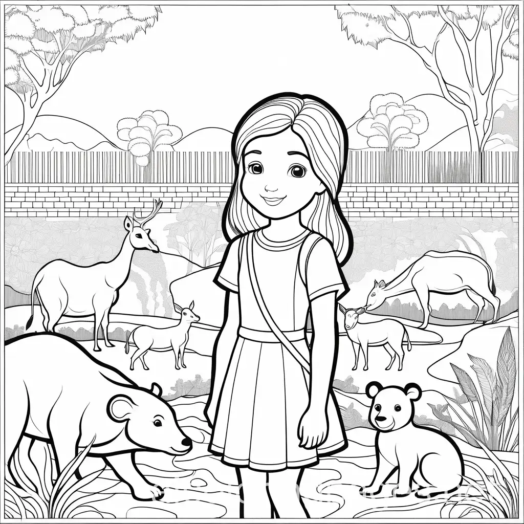 a girl in a zoo, with some animals, Coloring Page, black and white, line art, white background, Simplicity, Ample White Space. The background of the coloring page is plain white to make it easy for young children to color within the lines. The outlines of all the subjects are easy to distinguish, making it simple for kids to color without too much difficulty