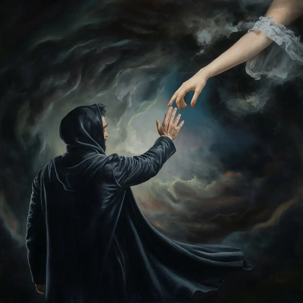 En man med svart luvtröja, man ser honom bakifrån, han sträcker upp sin hand mot himlen, en kvinnas hand sträcker sig ner från himlen, man ser inte ansikten
