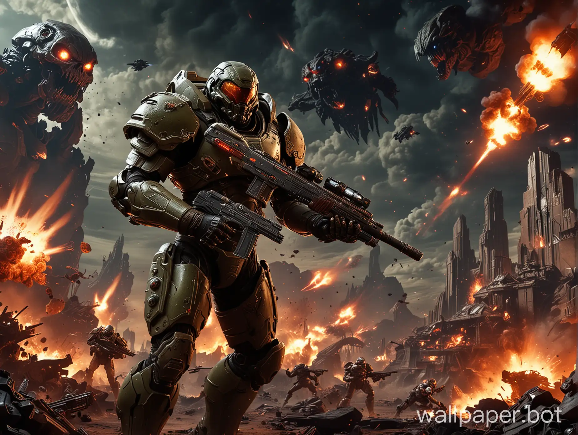 The main character from the game Doom walks in his armor on an alien planet, shooting monsters with a shotgun against the backdrop of an alien city, amid explosions, dark background.