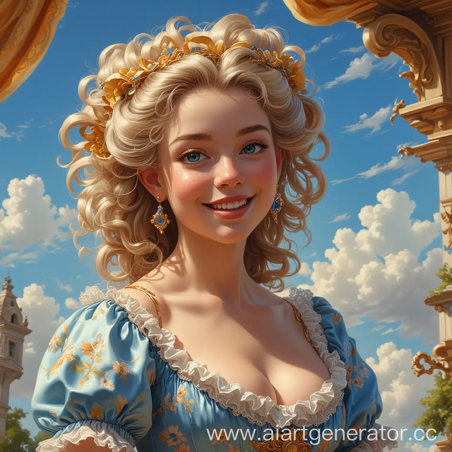 perfect, girl, happy summer day, sunny weather, blue sky, cute and charming cartoon, fantasy, fabulous, surrealism, super cute, fabulous, rococo style, airy fantasy oil painting, amazing, artstation, 8k, high detail, intricate details, by Todd Schorr, Pinterest