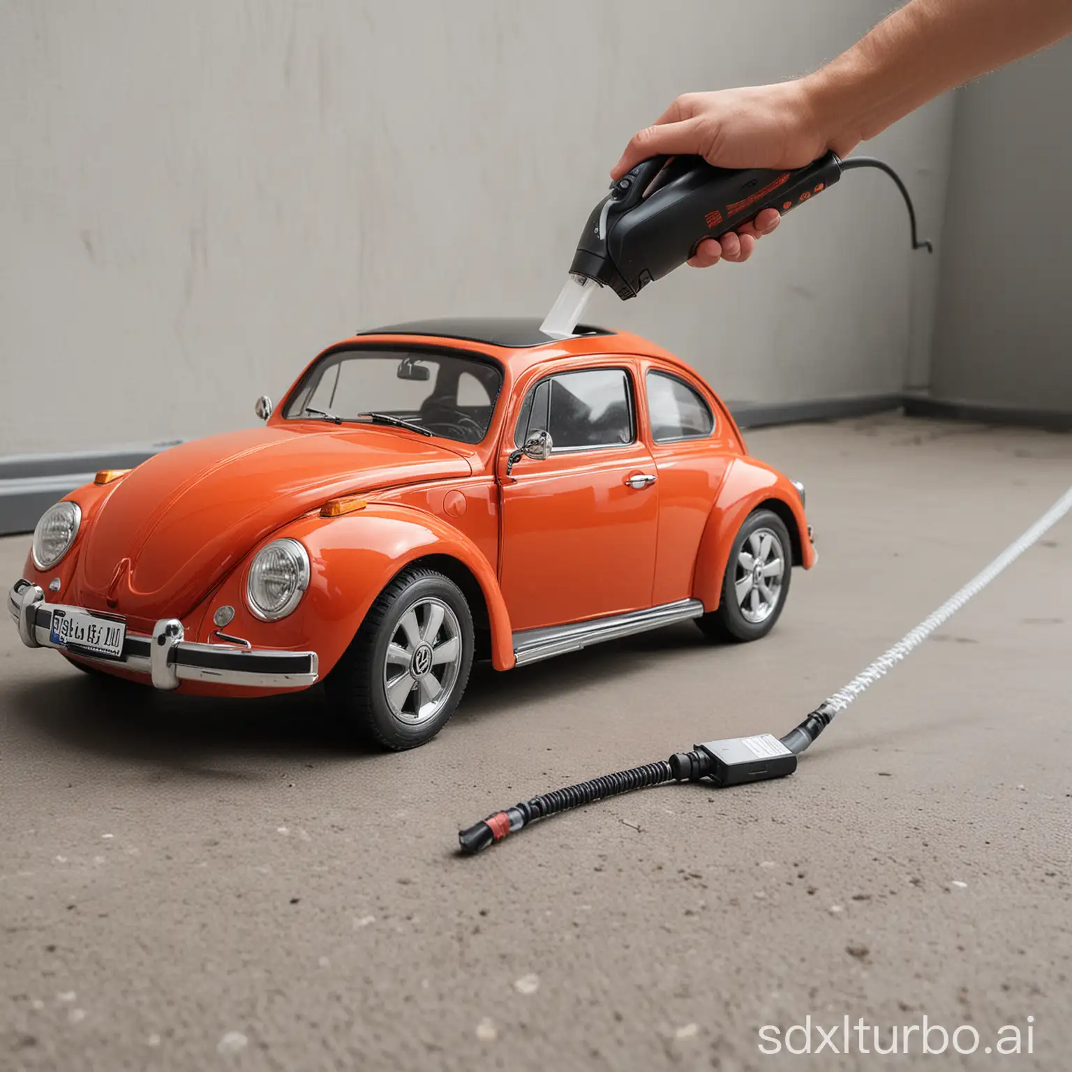 将大众甲壳虫汽车的车头变形为小型手持式的车载吸尘器，无线式