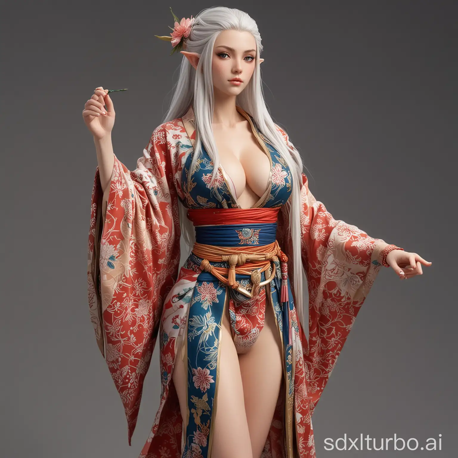 a tall, extremely busty high elf girl with thick thigh legs, thin waist, deep v kimono