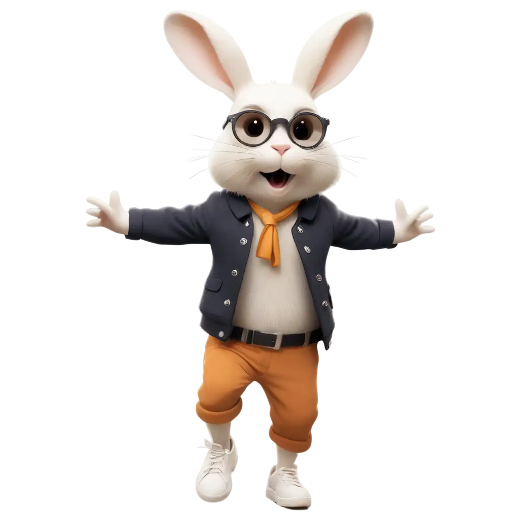 A white rabbit, wearing brown sneakers, wearing black sunglasses, looks like a human, jumps with joy, waves, smiles wide, eyes wide. cute lines