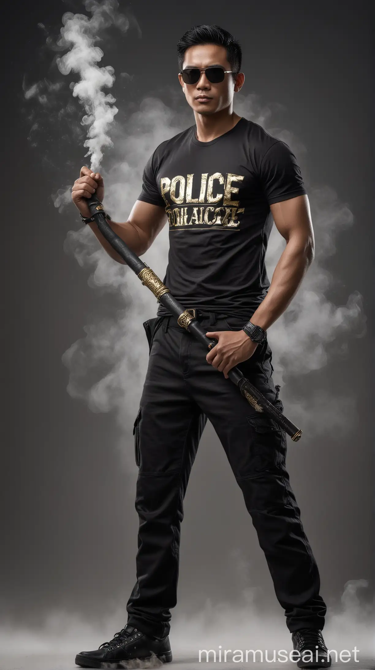 ULTRA REALISTIC high definition, Handsome Indonesian man in a black t-shirt that says "police" posing holding an Iron Baton, facing the camera, wearing sunglasses, with Black hair, wearing black tactical pants, wearing tactical shoes, in thick white smoke with gold highlights