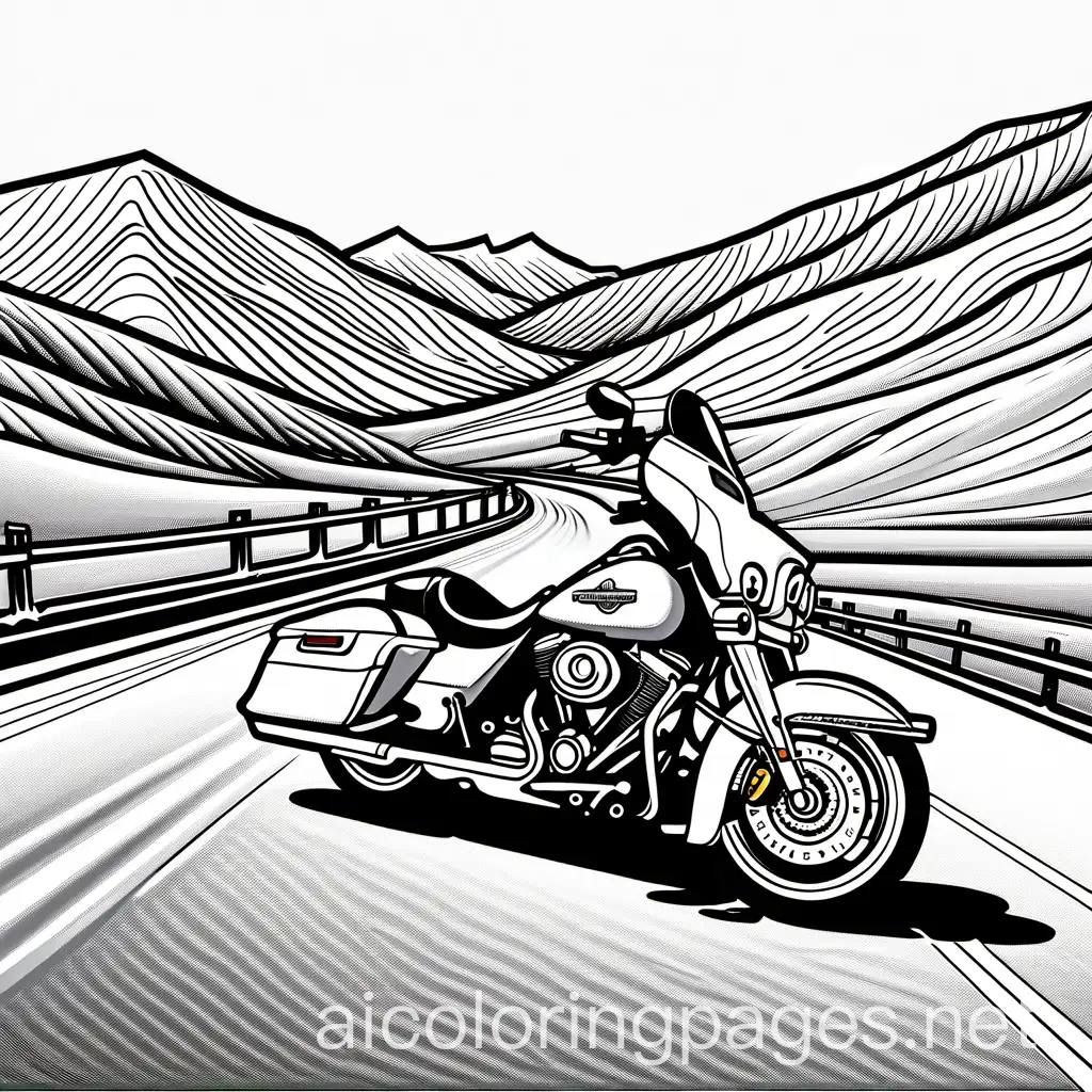 Harley motorcycle on deserted american highway, mountains in the back, no driver, line art, no fences, wide and desolate, Coloring Page, black and white, line art, white background, Simplicity, Ample White Space. The background of the coloring page is plain white to make it easy for young children to color within the lines. The outlines of all the subjects are easy to distinguish, making it simple for kids to color without too much difficulty, Coloring Page, black and white, line art, white background, Simplicity, Ample White Space. The background of the coloring page is plain white to make it easy for young children to color within the lines. The outlines of all the subjects are easy to distinguish, making it simple for kids to color without too much difficulty