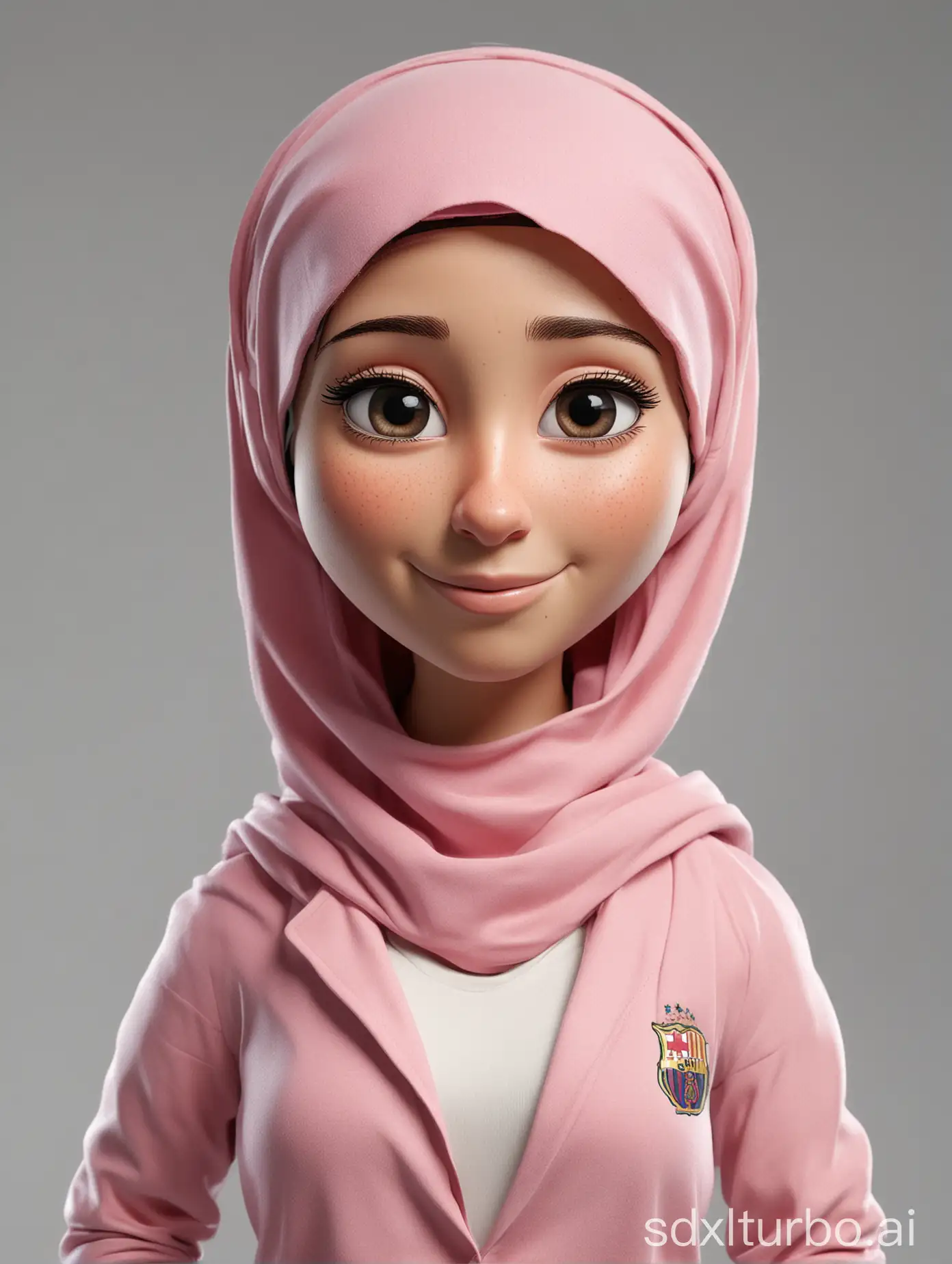 Create a full 3D cartoon style body with a big head. leo messi. slightly round eyes, clean white skin, thin sweet smile. wearing a hijab, pink blazer, white undershirt, body position clearly visible. The background is solid white. Use soft photography lighting, hair lighting, top lighting, side lighting. Highest quality photos, Uhd,16k
