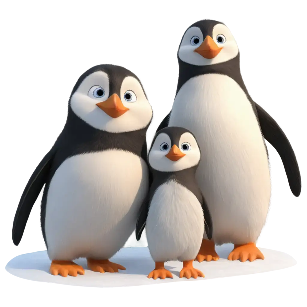 hyper-realistic 3D image of an adorable penguin couple with their child sitting happily in the snow