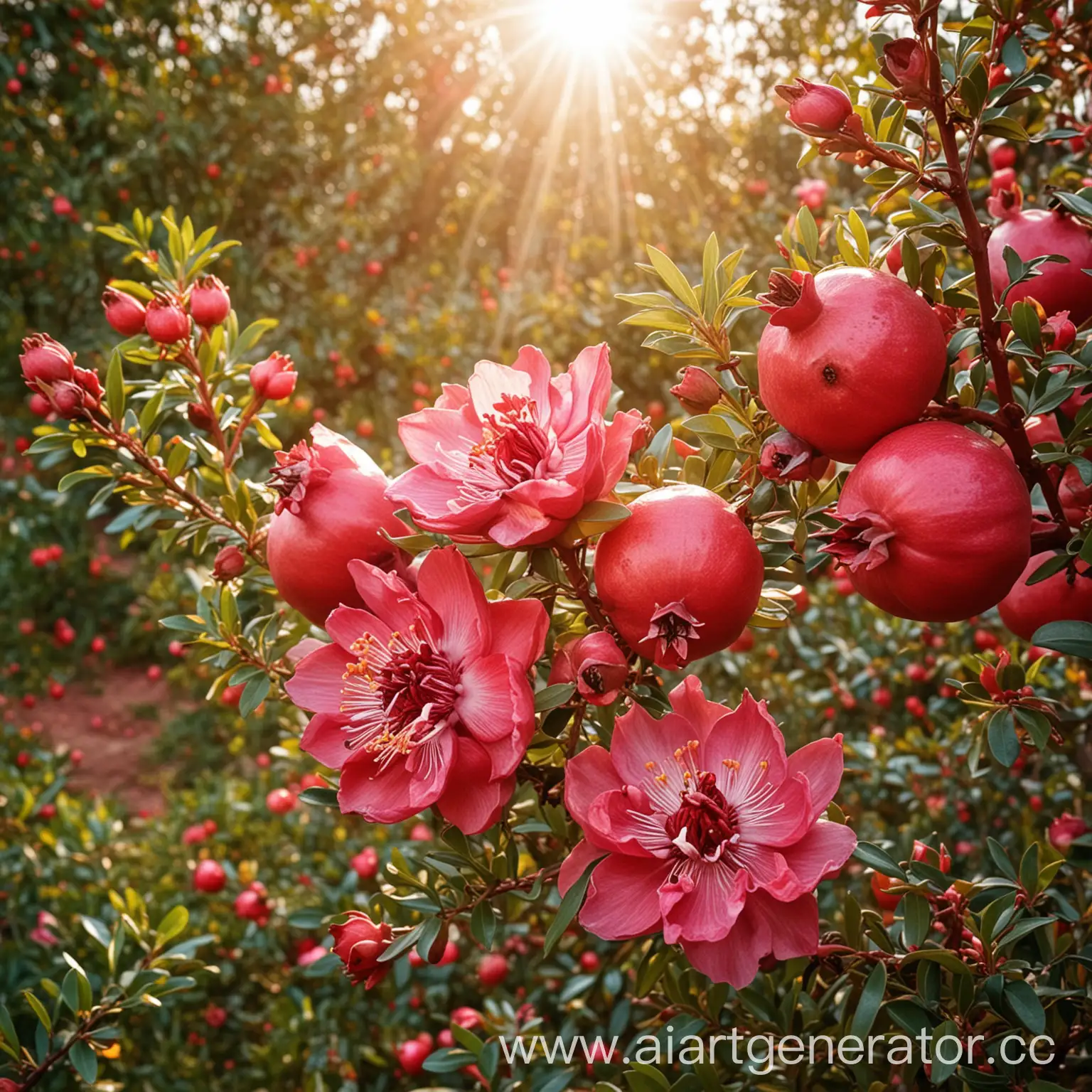Background pomegranate garden pomegranate flowers pink and red beautiful light from the sun shine