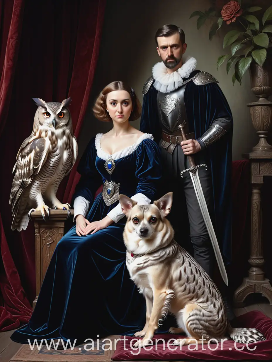 Historical-Couple-with-Owl-and-Dog-Man-Sitting-with-Sword-Woman-Standing-with-Velvet-Cushion