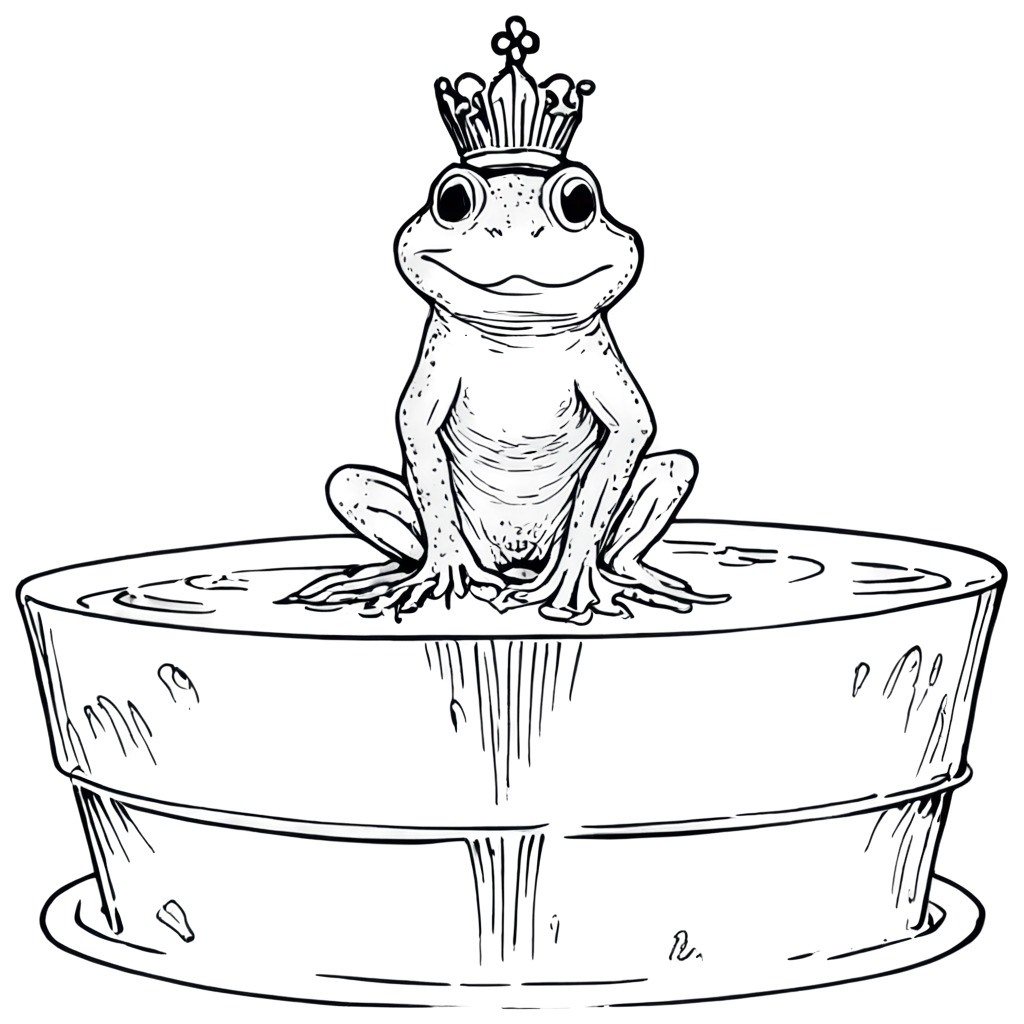 HandDrawn-Black-and-White-PNG-Image-of-a-Frog-with-a-Crown-on-a-Fountain