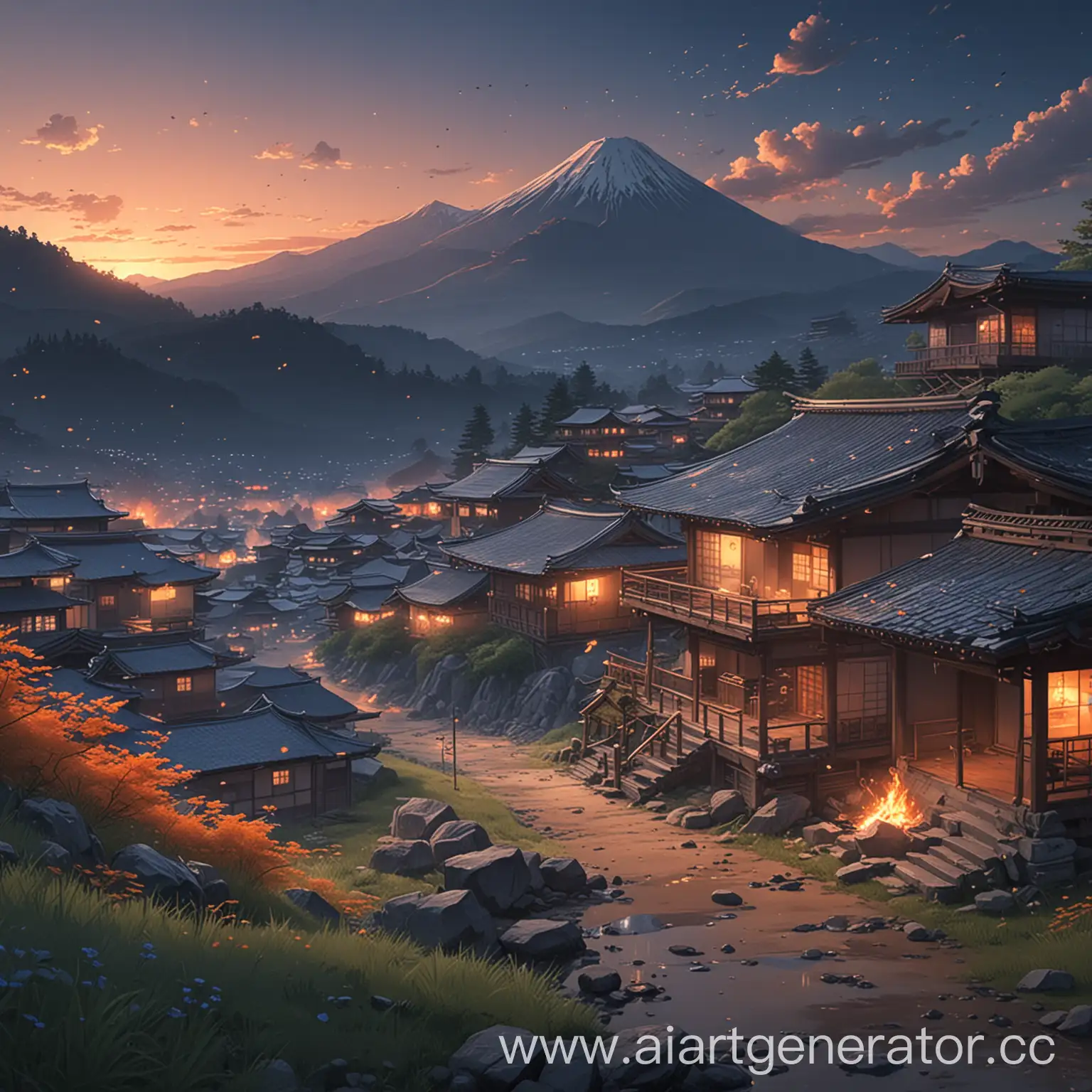 Tranquil-Dawn-Landscape-with-Japanese-House-Engulfed-in-Flames