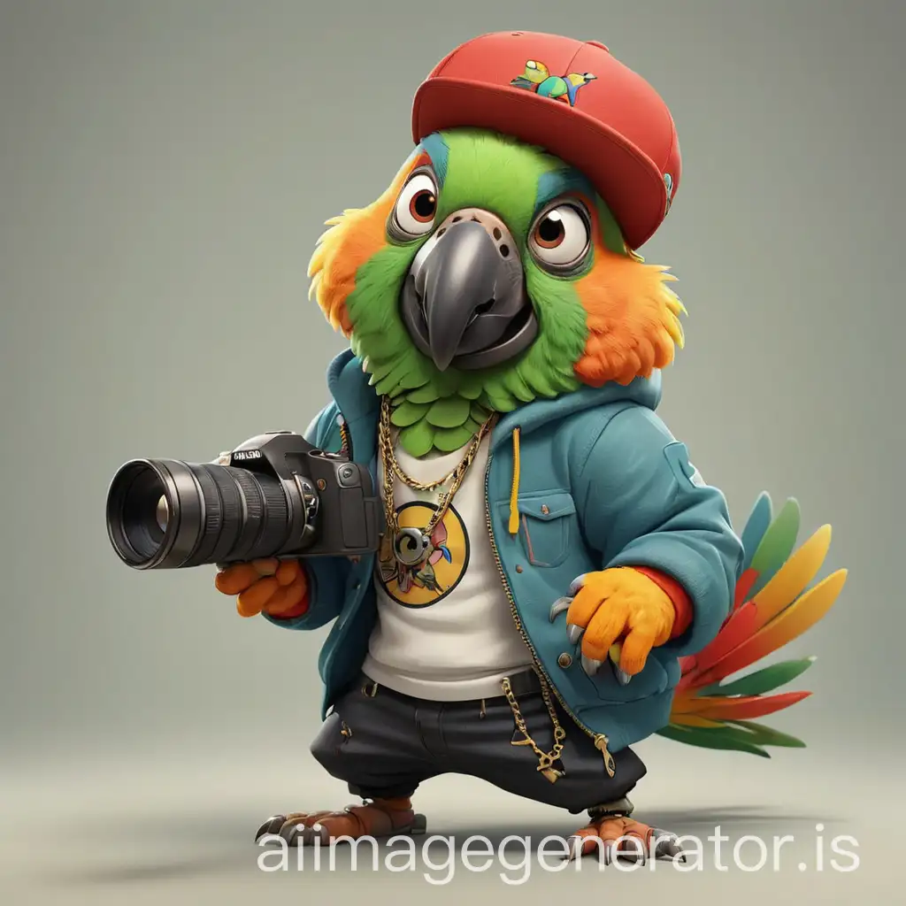 parrot cartoons dressed in hip hop style and holding digital camera