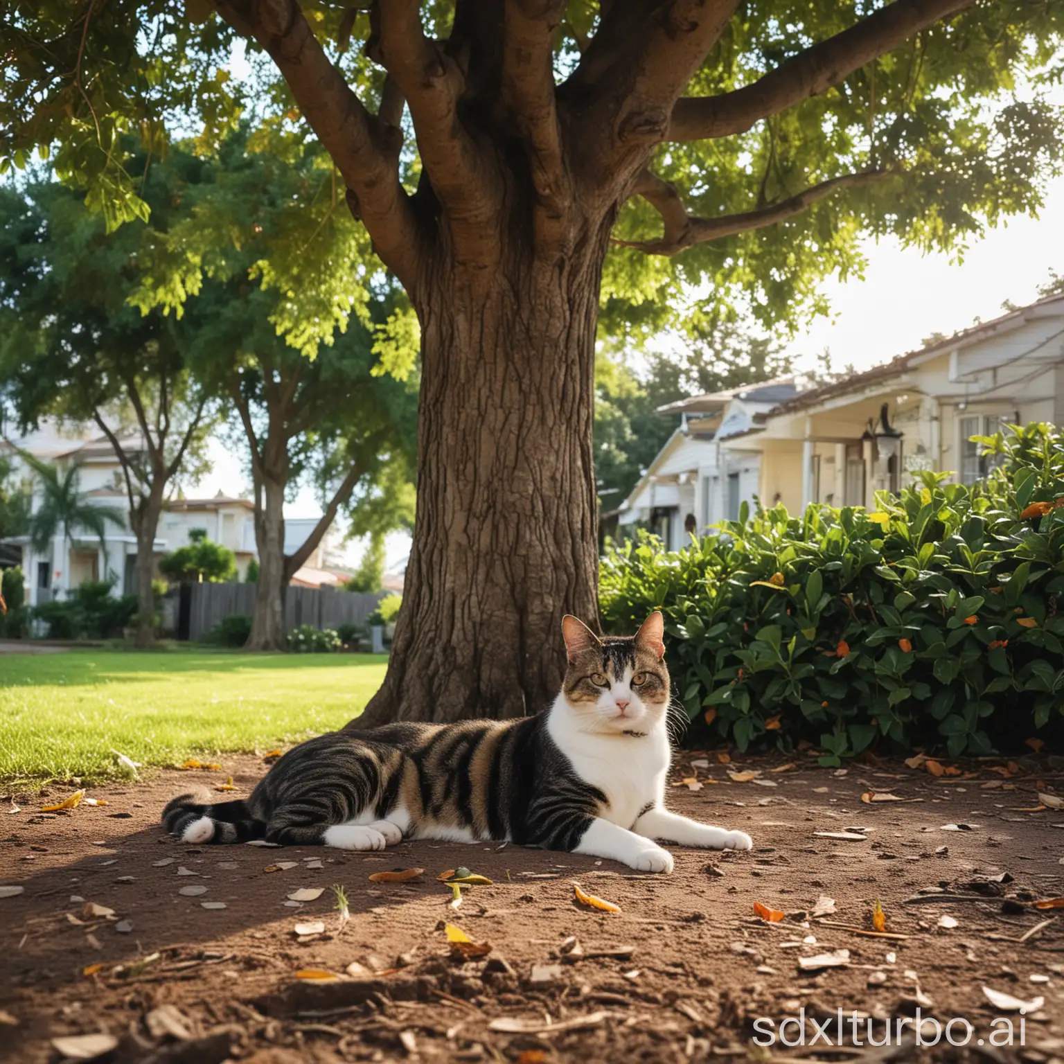 Calico-Cat-Relaxing-Beneath-Sunlit-Tree