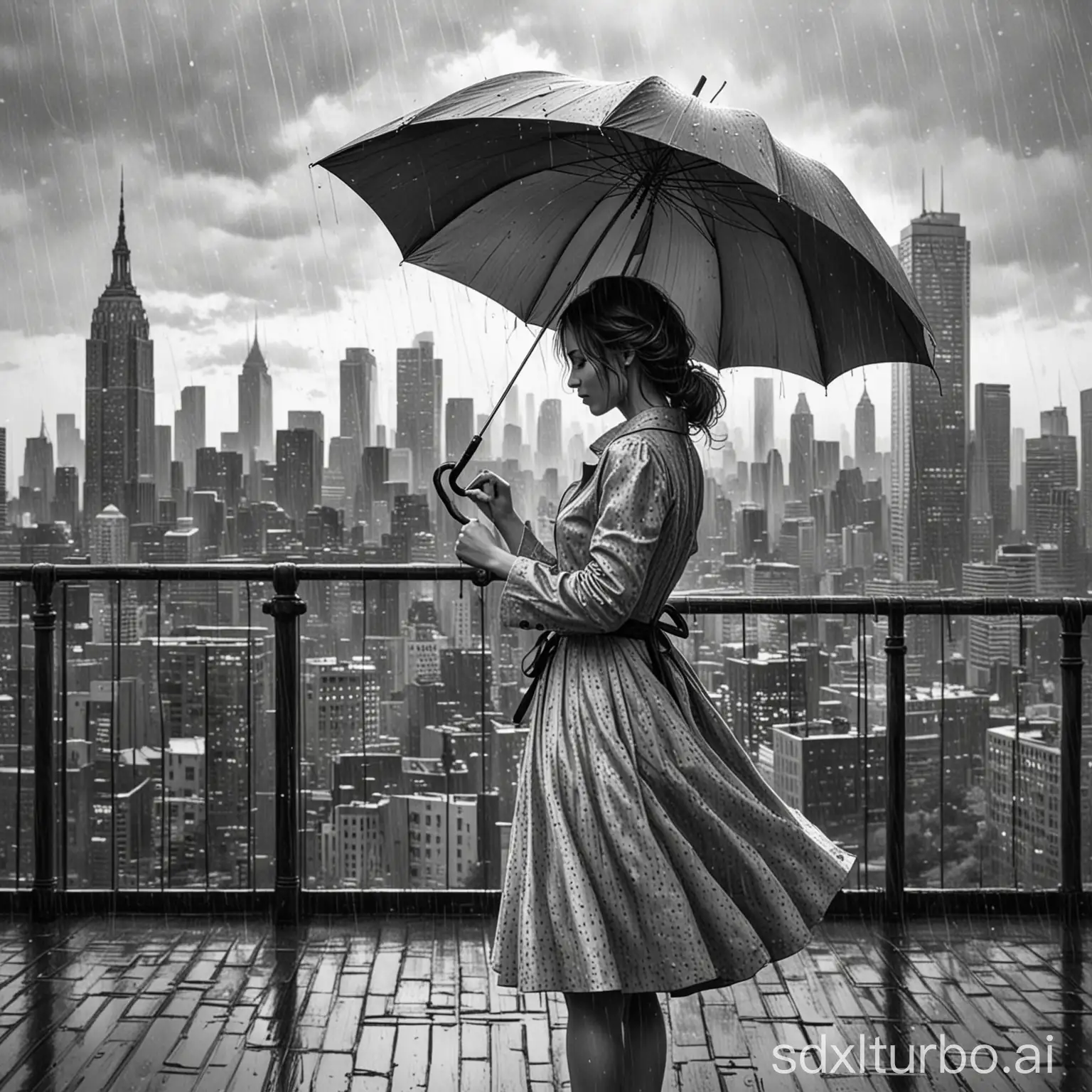 Line Art, black and white, woman with dress and umbrella, rainy day in the city, skyline