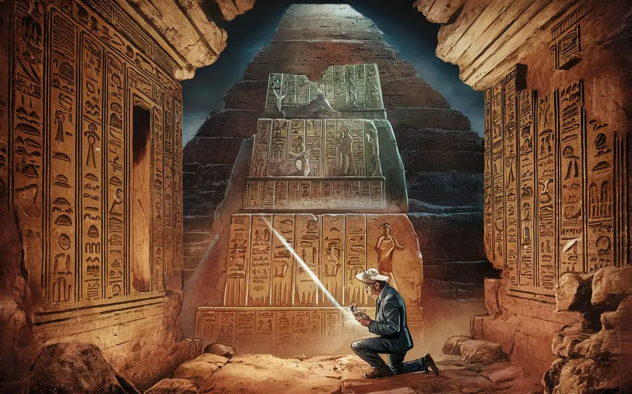 comic book drawing of hieroglyphics on the wall of the tomb inside a pyramid.
