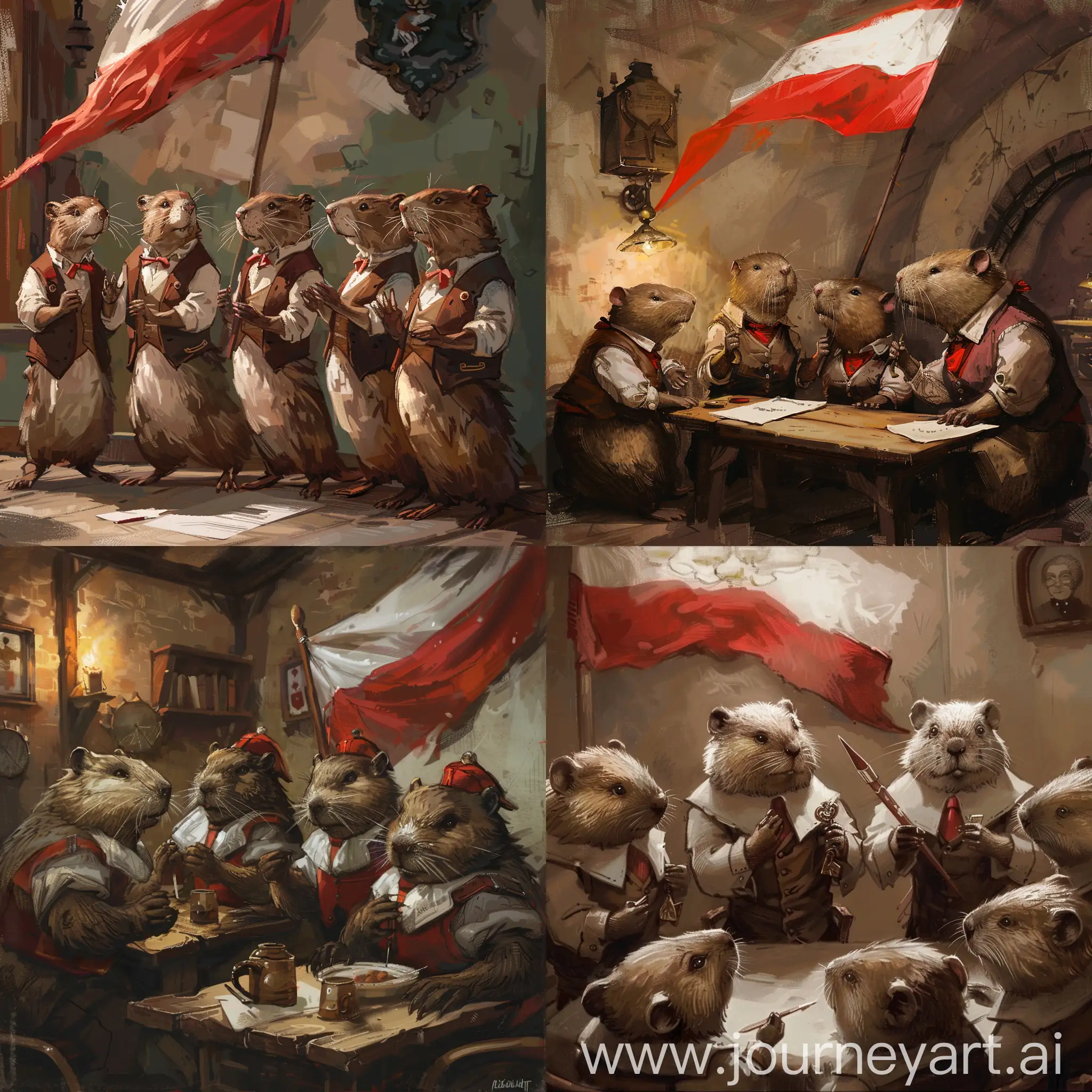 Нарисуй собрание бобров в пиджаках, обсуждающих дела государственной важности Польши. На заднем фоне висит флаг Польши