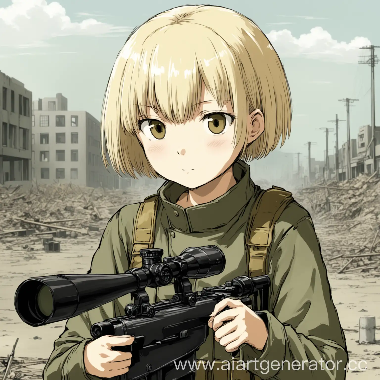 Снайпер девушка с очень короткими светлыми волосами по имени Hiroshima