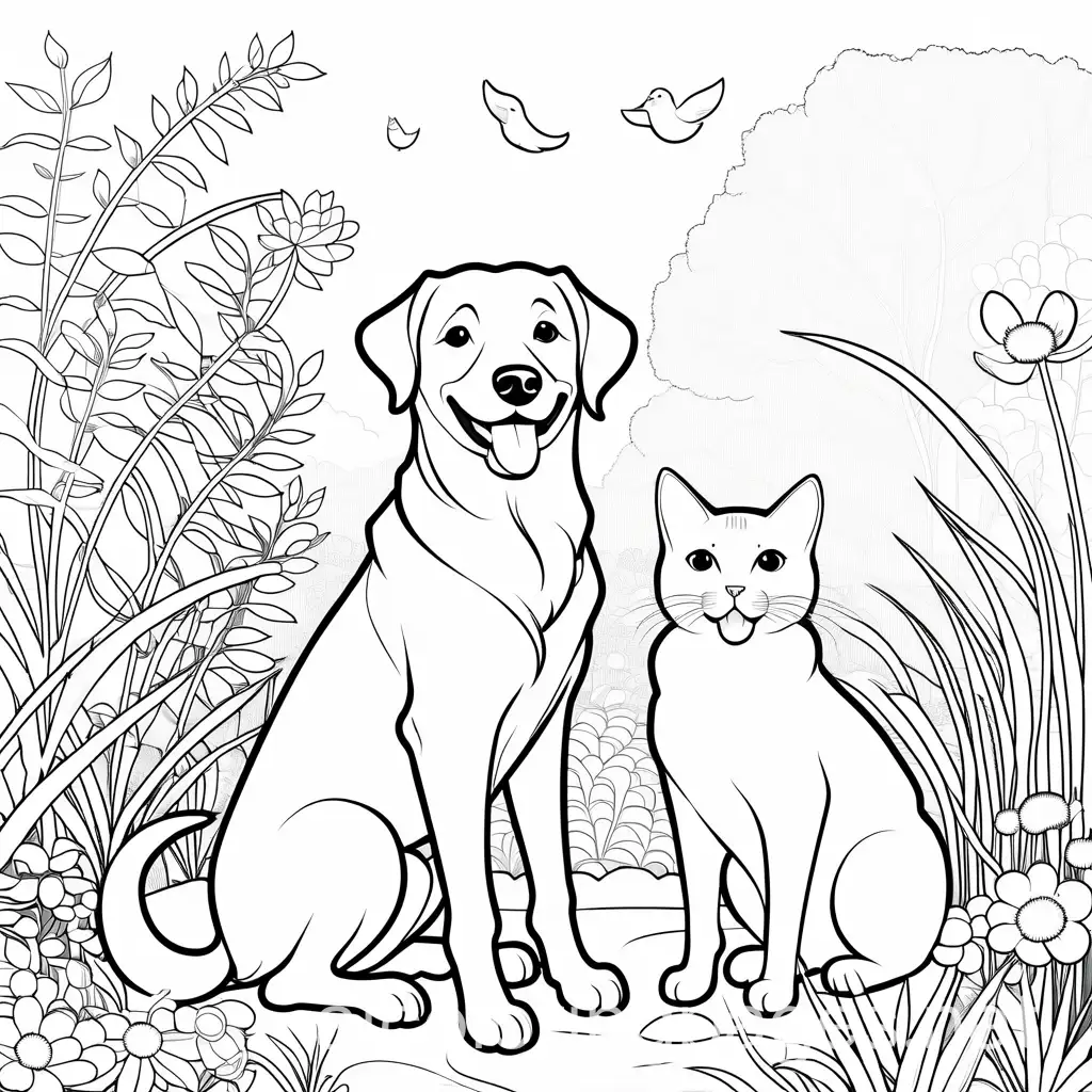 happy dog and cat in garden, Coloring Page, black and white, line art, white background, Simplicity, Ample White Space