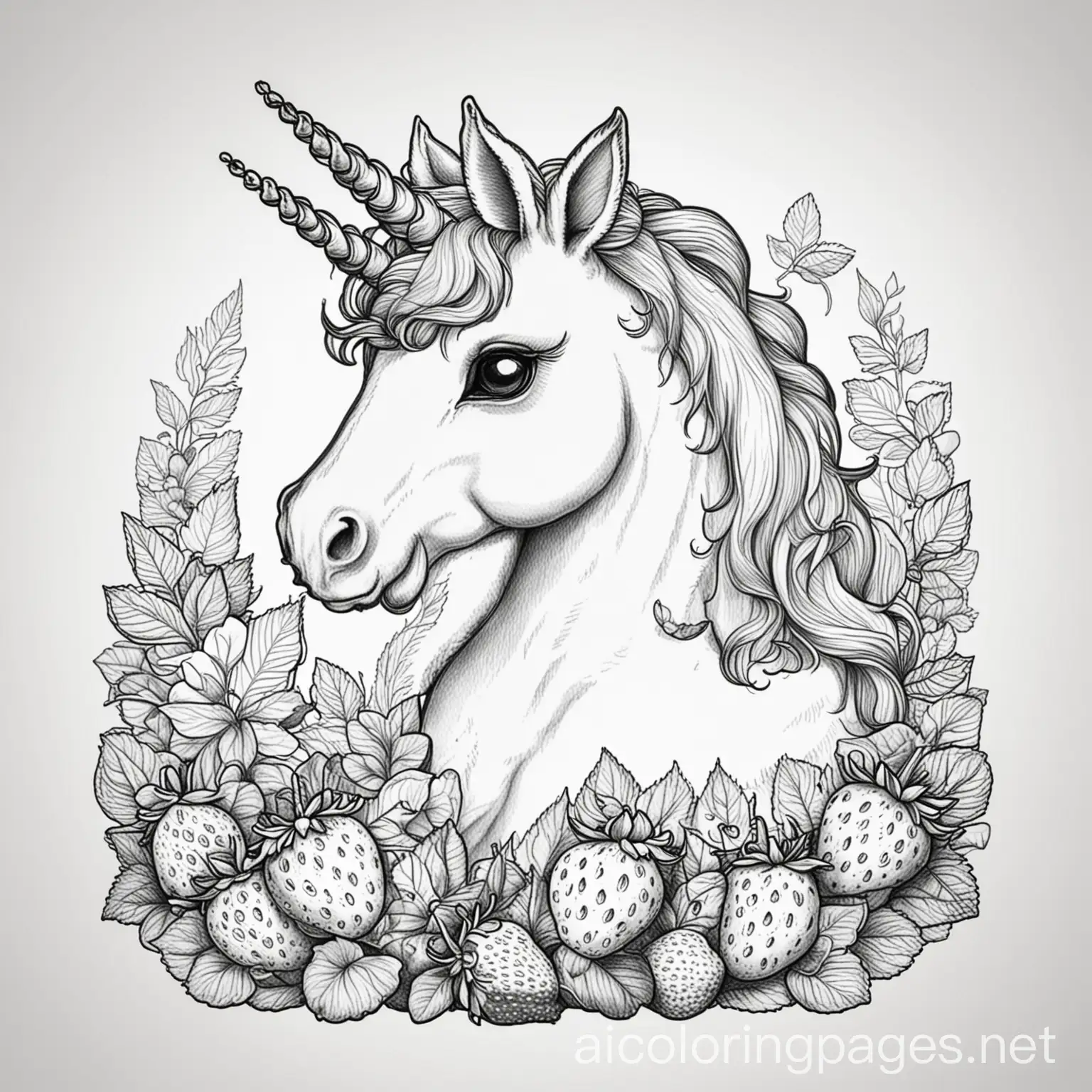unicorn holding strawberries
, Coloring Page, black and white, line art, white background, Simplicity, Ample White Space. The background of the coloring page is plain white to make it easy for young children to color within the lines. The outlines of all the subjects are easy to distinguish, making it simple for kids to color without too much difficulty